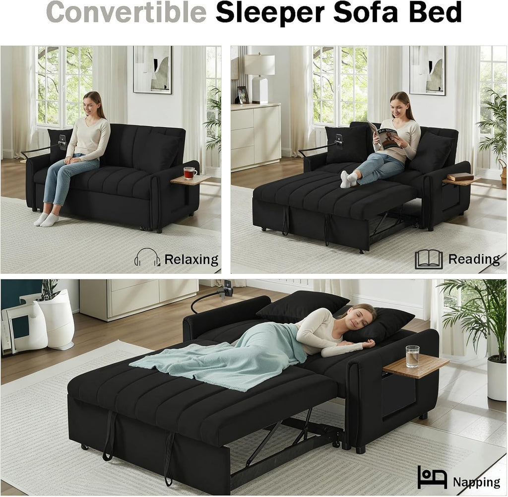 Convertible Sofa Bed, Pull Out Couch with 3-Position Reclining Backrest, Modern Velvet Upholstery Futon Sofa Bed, Loveseat Couch for Living Room, Apartments & Guest Rooms (Black-2)