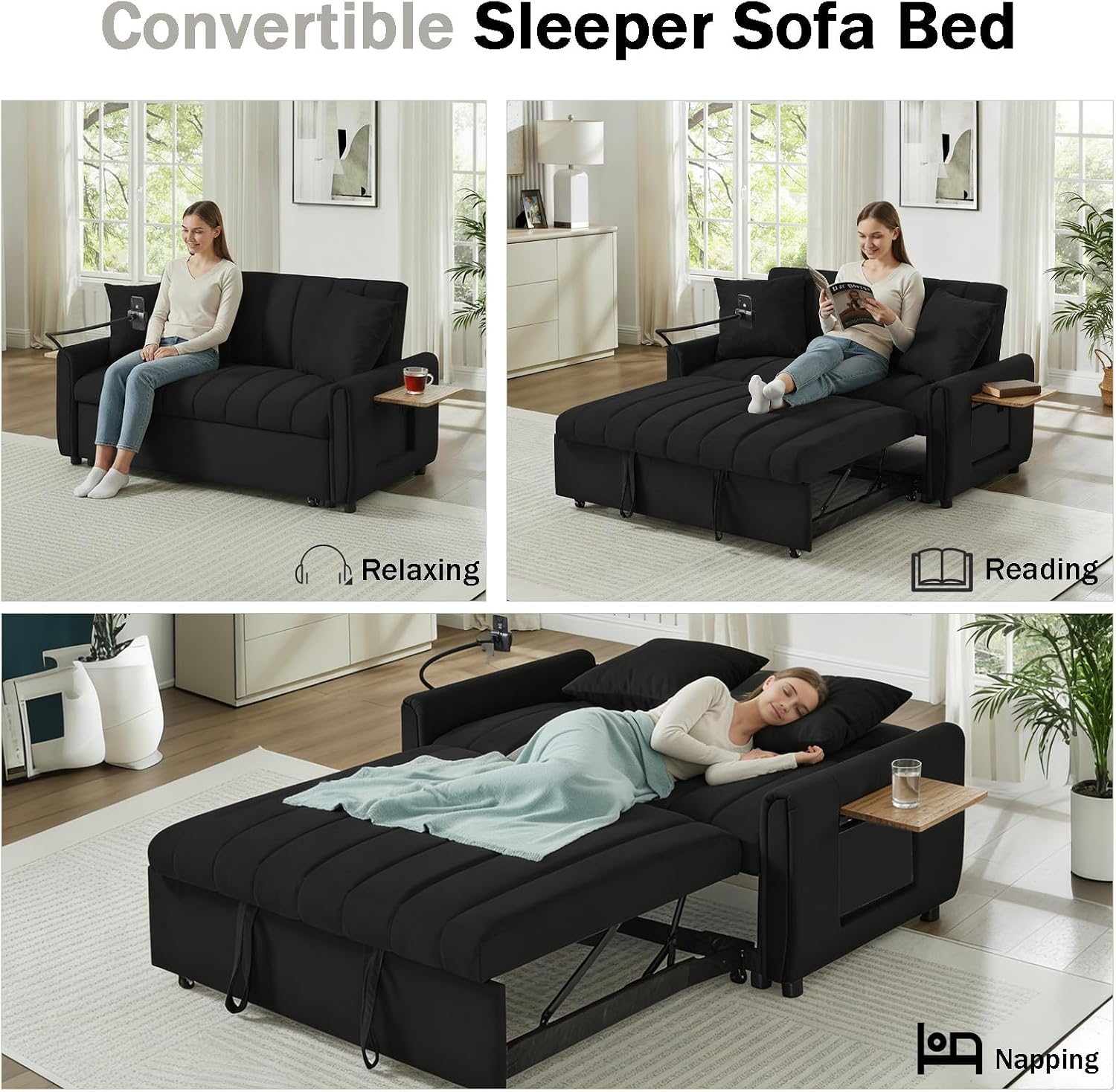 Convertible Sofa Bed, Pull Out Couch with 3-Position Reclining Backrest, Modern Velvet Upholstery Futon Sofa Bed, Loveseat Couch for Living Room, Apartments & Guest Rooms (Black-2)