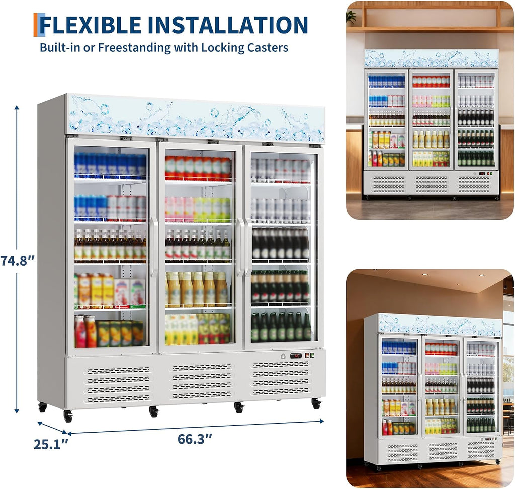 Garvee Commercial Beverage Refrigerator, 38.9 Cu.Ft. 3 Glass Door Display Refrigerator with 360° Circulation Cooling, Frost-Free, Soft LED Light, Adjustable Shelves Beverage Refrigerator Cooler