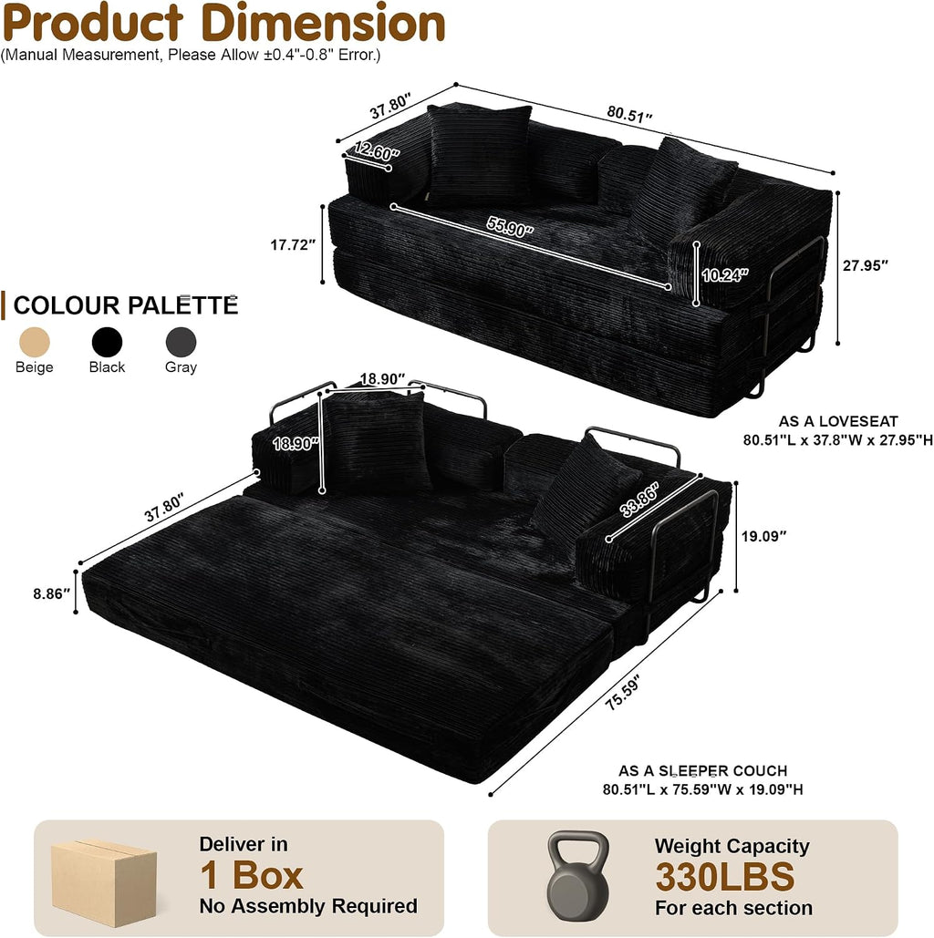 81″ Convertible Sleeper Sofa Bed with Pillows, Corduroy Foldable Mattress Couch with Fixed-Shape Frame, Futon Sofa Bed, Boneless Couch for Living Room Bedroom Lounge Studio, Black