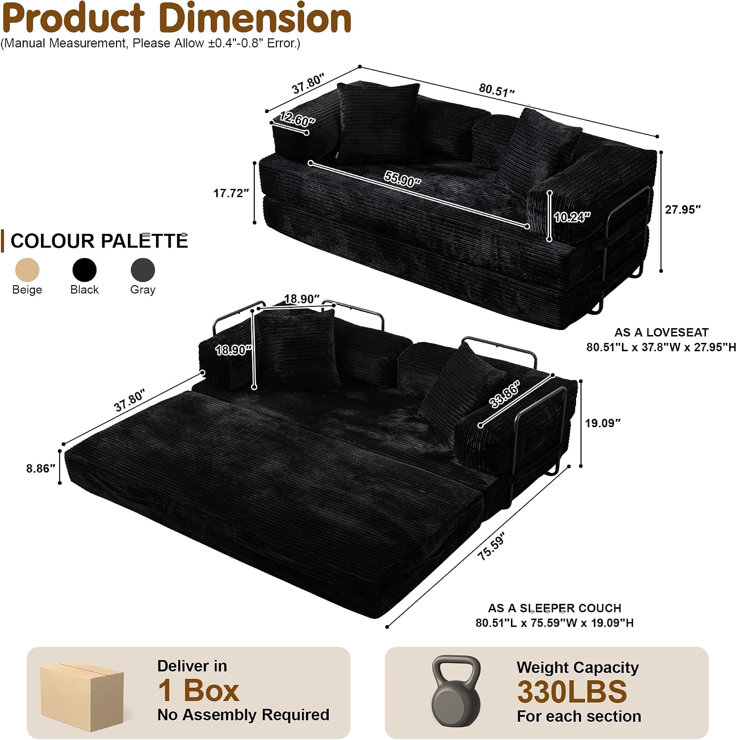 81″ Convertible Sleeper Sofa Bed with Pillows, Corduroy Foldable Mattress Couch with Fixed-Shape Frame, Futon Sofa Bed, Boneless Couch for Living Room Bedroom Lounge Studio, Black