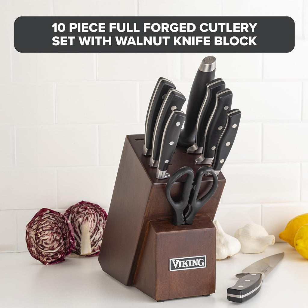 Viking Kitchen Knives Set, 10 Piece Full Forged Cutlery Set with Walnut Knife Block, Stainless Steel Blades and Ergonomic Handles, Dishwasher Safe