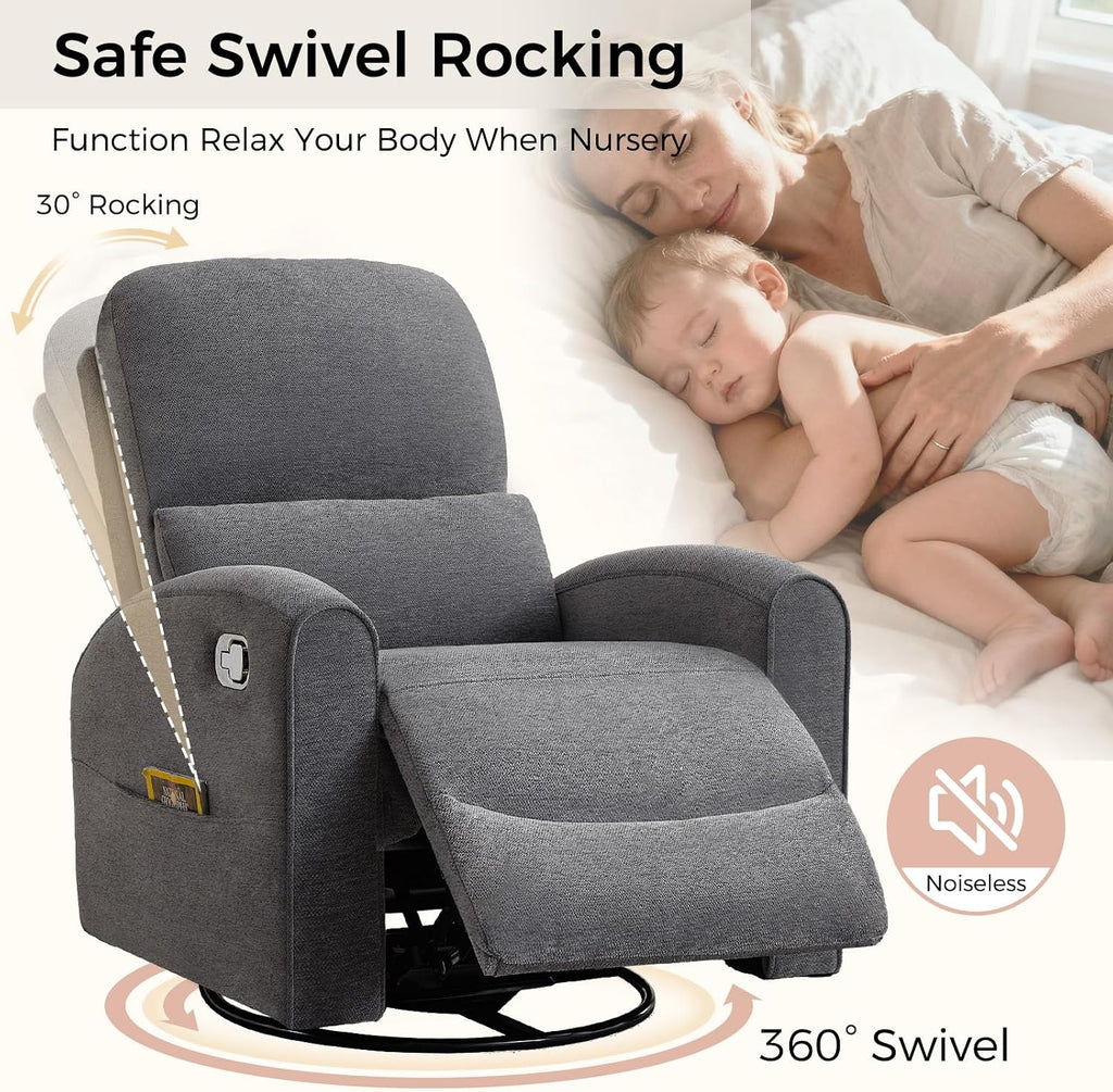 Swivel Rocker Recliner, Manual Swivel Glider Recliner Chair with Adjustable Headrest and Lumbar Support, Upholstered Rocking Recling Chairs for Adults Nursery, Living Room, Bedroom, Dark Grey