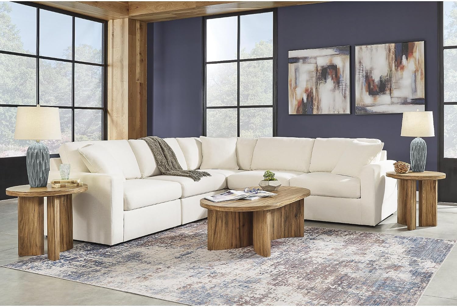 Signature Design by Ashley Modmax Contemporary Stain Resistant 5-Piece Sectional with Armrest, Throw Pillows and Reversible Cushions, Beige