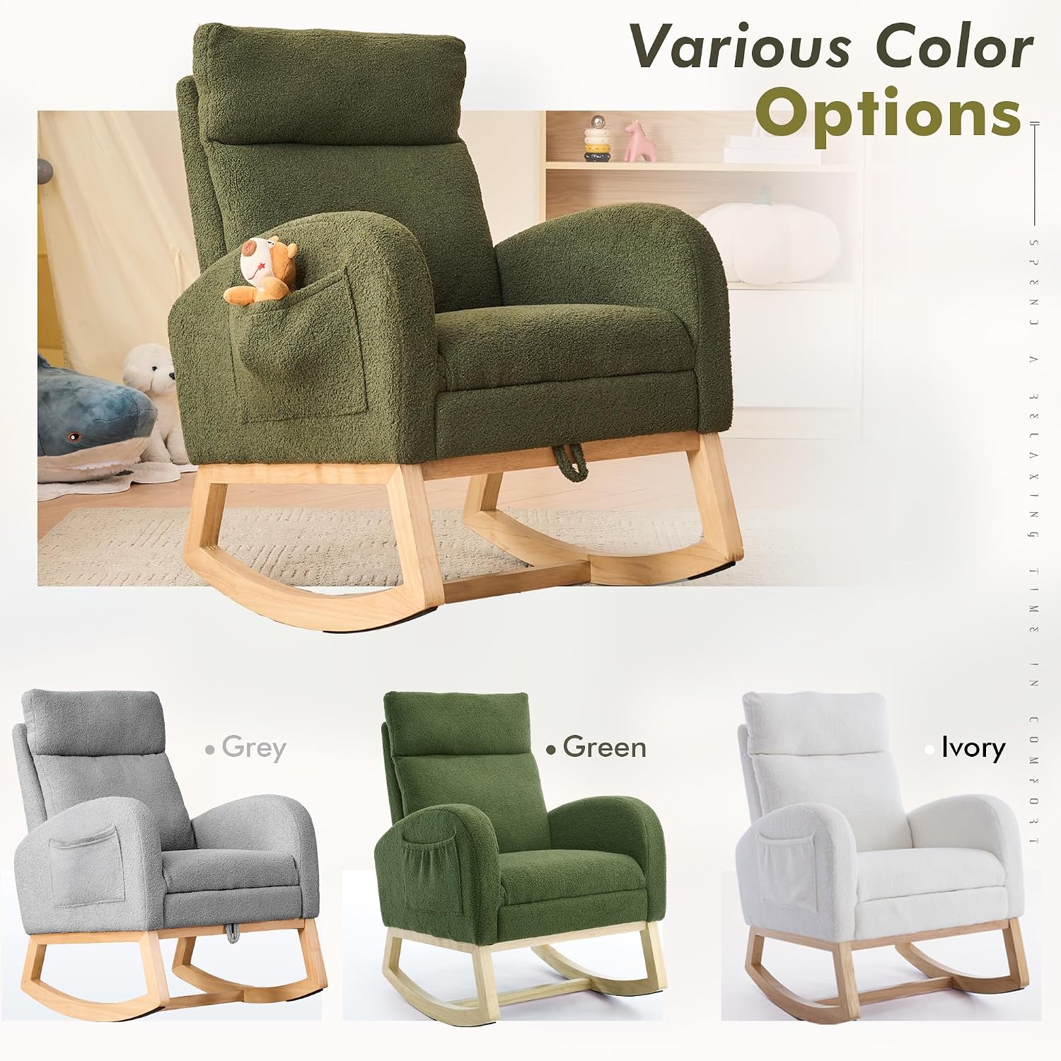 FOXHUNTER Rocking Chair for Nursery with High Backrest & Foot Rest-Nursery Rocking Chairs with Side Storage Pocket for Breastfeeding,Modern Glider Chair for Baby Bedroom,Living Room,Teddy Green