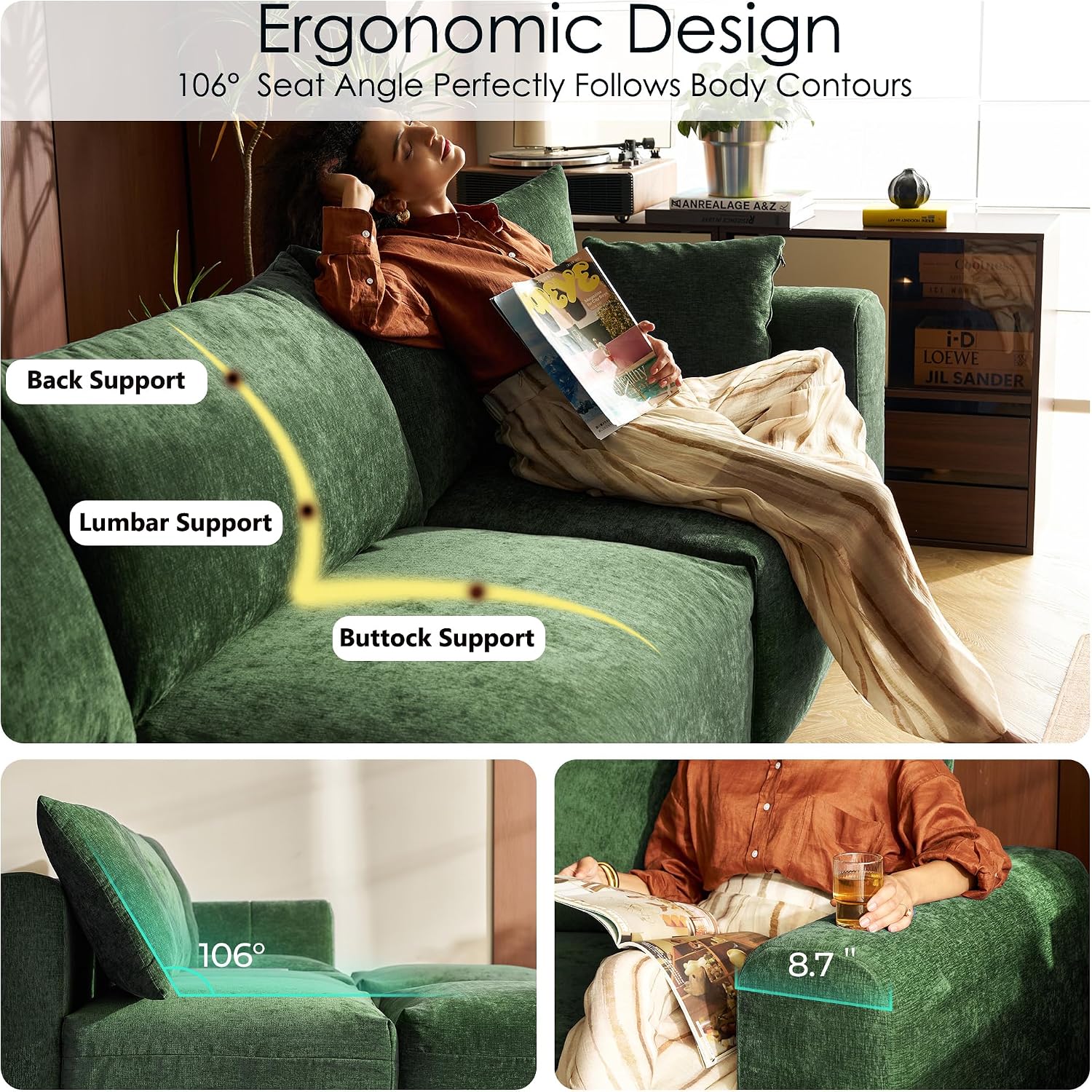 LINSY HOME Oversized Loveseat, 91' Deep Seat Cloud Couch Loveseat 2-Seater Sofa Sectionals for Living Room Bedroom, Cozy Couch Luxury Chenille Sofas, Green