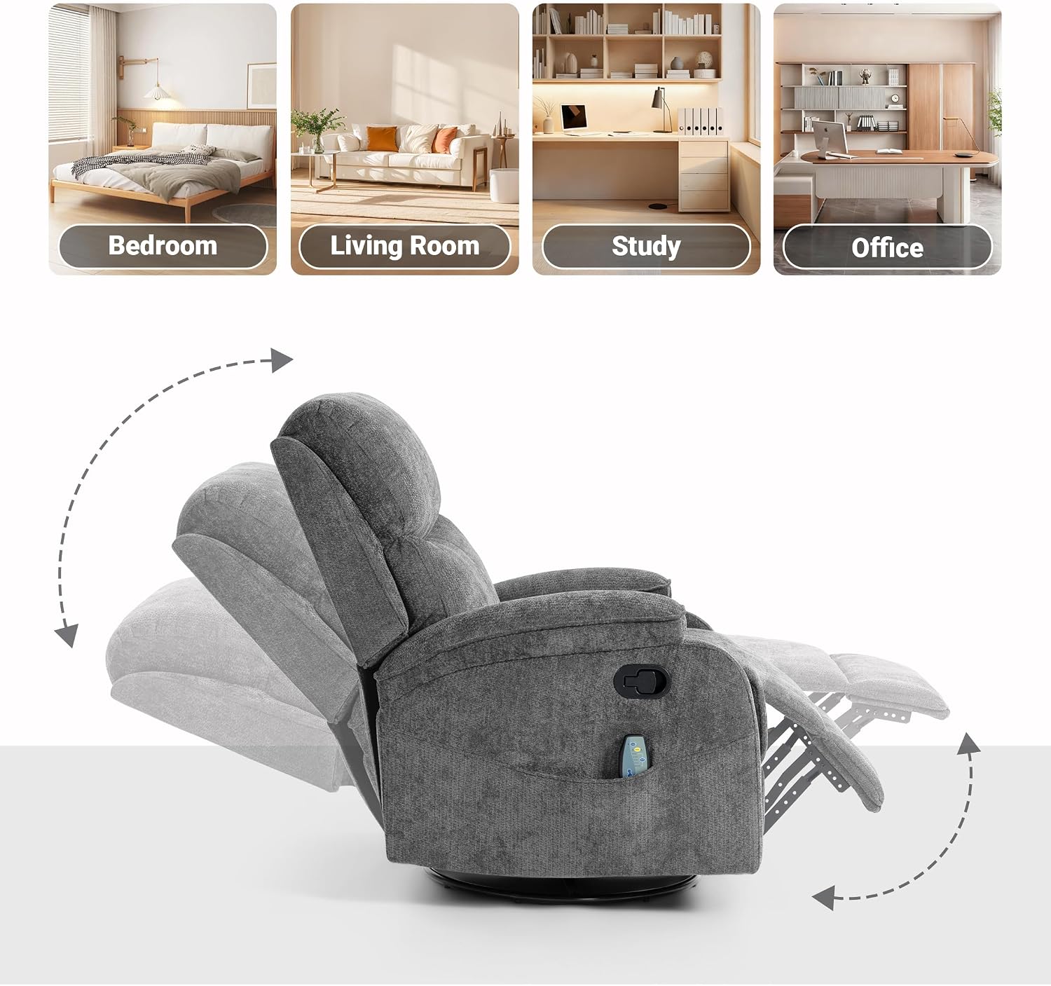 360° Swivel Rocking Recliner Chair, Massage Lazy Boy Recliner, Small Spaces Recliner for Living Room, Bedroom and Nursery, Dark Gray Chenille