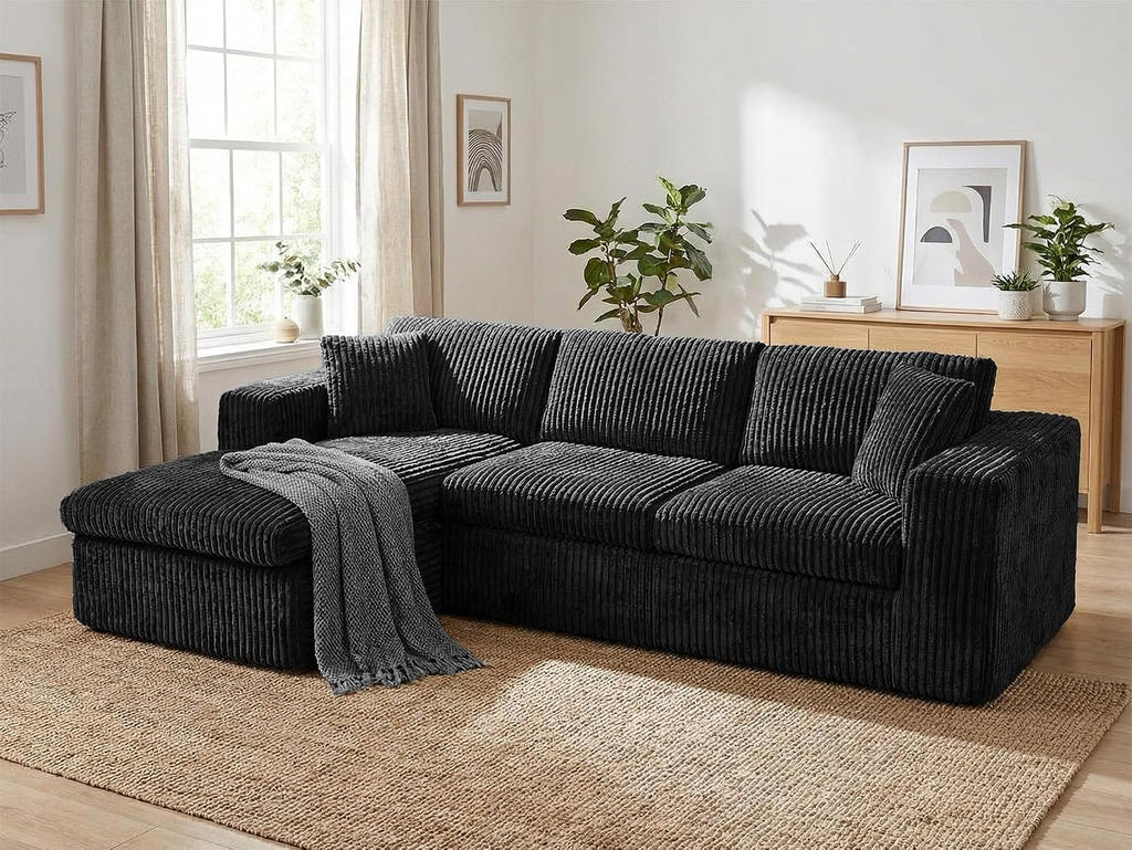 Vongrasig 105' Boneless Couches for Living Room, Sectional Couches Modular Sofa with L-Shaped Chaise, Memory Foam Comfy Cloud Couch with Plush Corduroy Fabric, No Assembly Required, Black