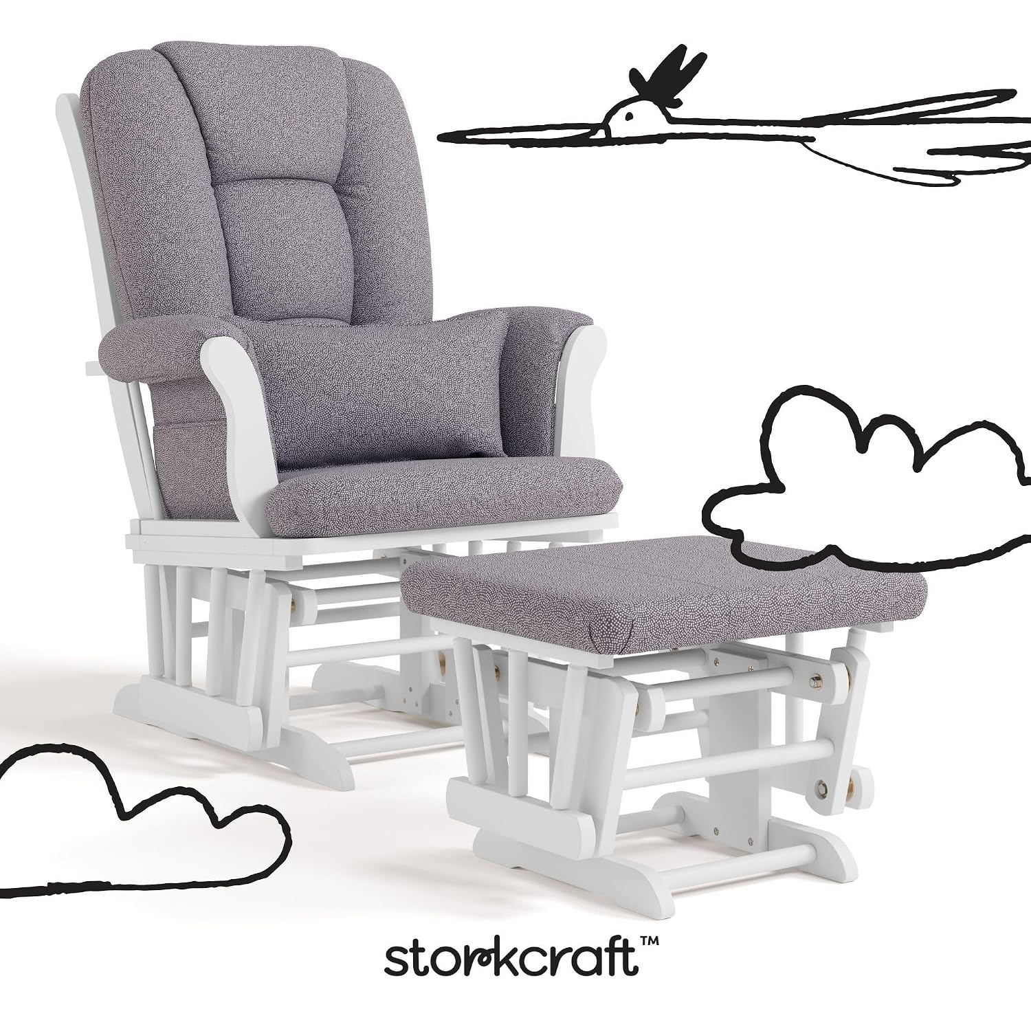 Storkcraft Tuscany Custom Glider and Ottoman with Free Lumbar Pillow (White/Slate Gray Swirl) - Cleanable Upholstered Comfort Rocking Nursery Chair with Ottoman