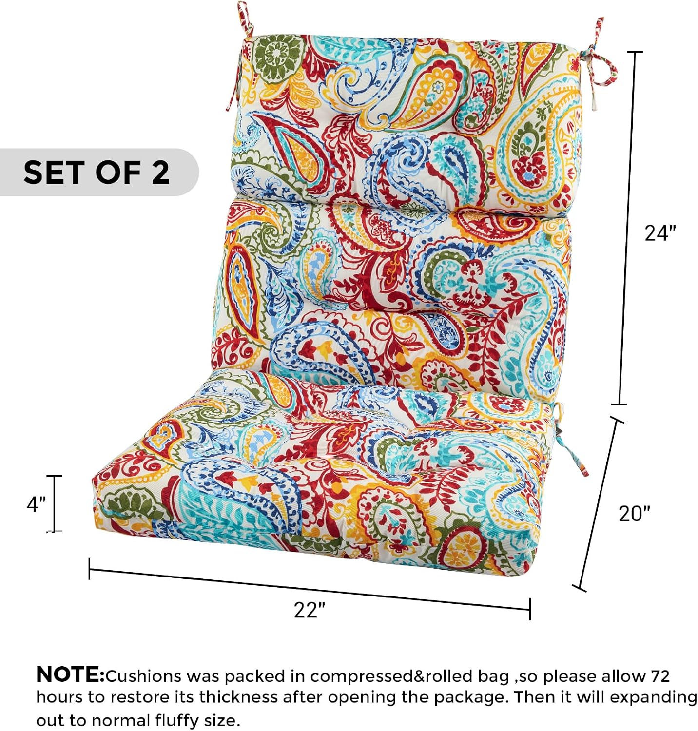 FUNHOME Outdoor High Back Chair Cushions Set of 2,Reversible Lawn Chair Cushion 44 x22 inch,Water Resistant Tufted Adirondack Chair Cushion,for Garden Rocking Chair,Patio Furniture(Phoenix)