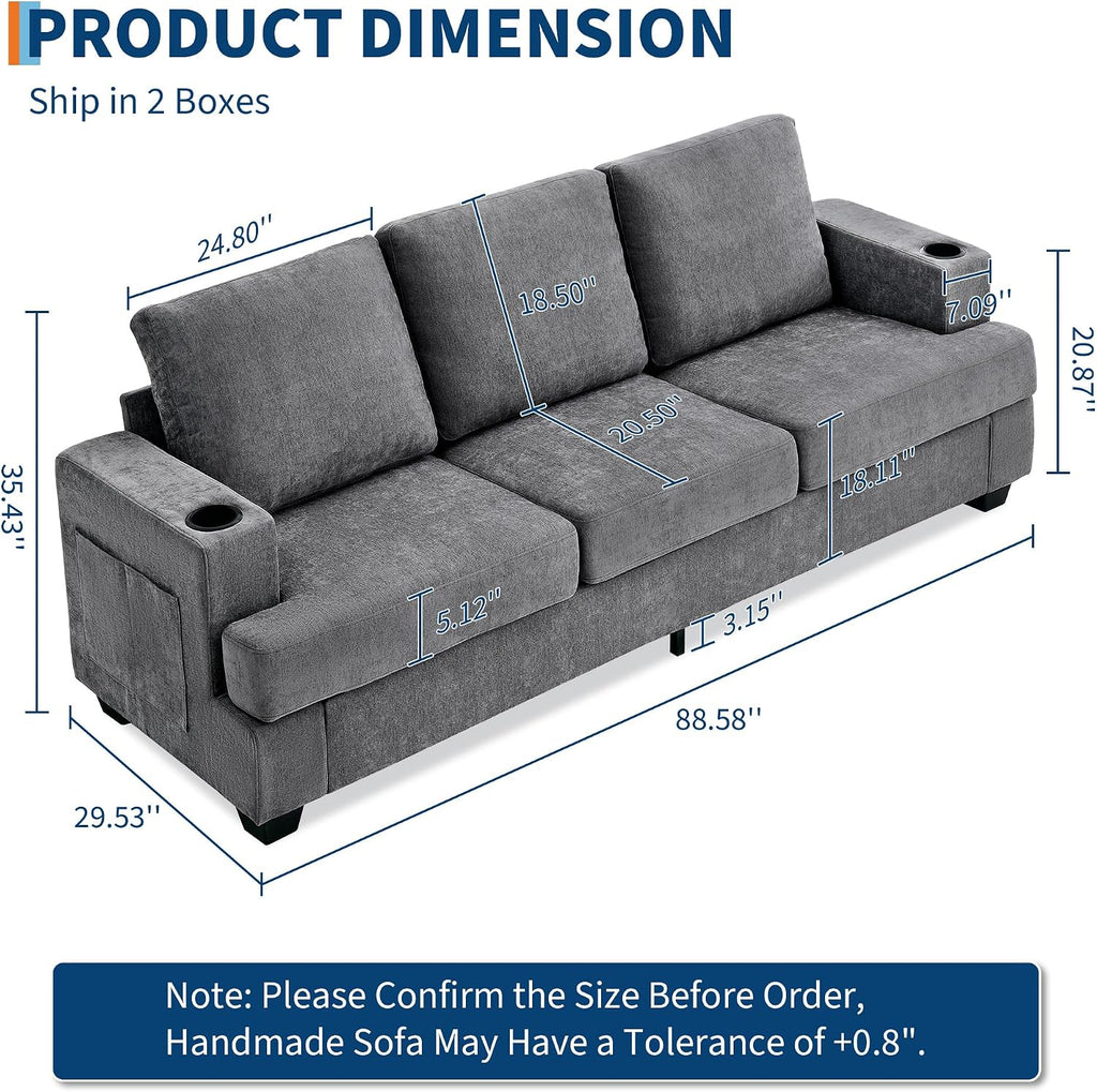 Garvee Modern 89' 3-Seater Sofa for Living Room, Comfy Couches with Deep Seat, Chenille Sofa with Cup Holders and Side Storage Pockets for Apartment Lounge, Grey