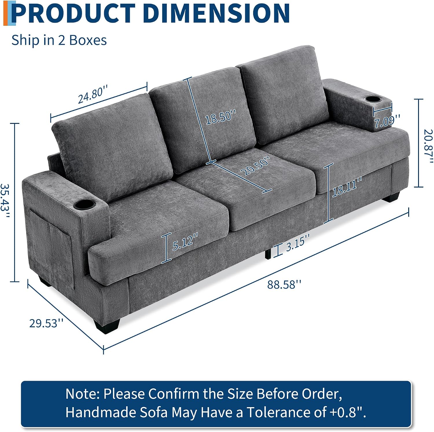 Garvee Modern 89' 3-Seater Sofa for Living Room, Comfy Couches with Deep Seat, Chenille Sofa with Cup Holders and Side Storage Pockets for Apartment Lounge, Grey