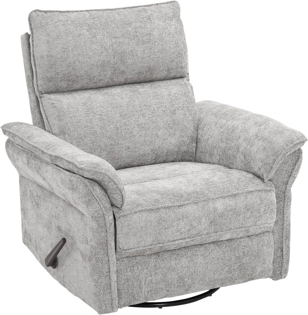 Swivel Rocker Recliner with Adjustable Headrest,Upholstered Glider Rocker Recliner with Overstuffed Armrest,Manual Recliner Nursery Chair for Living Room,Light Grey