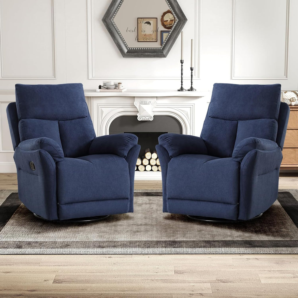 CANMOV Swivel Rocker Recliner, Manual Recliner with Overstuffed Cushion, Nursing Chairs for Living Room, Swivel Glider Recliners with Soft Backrest, Blue