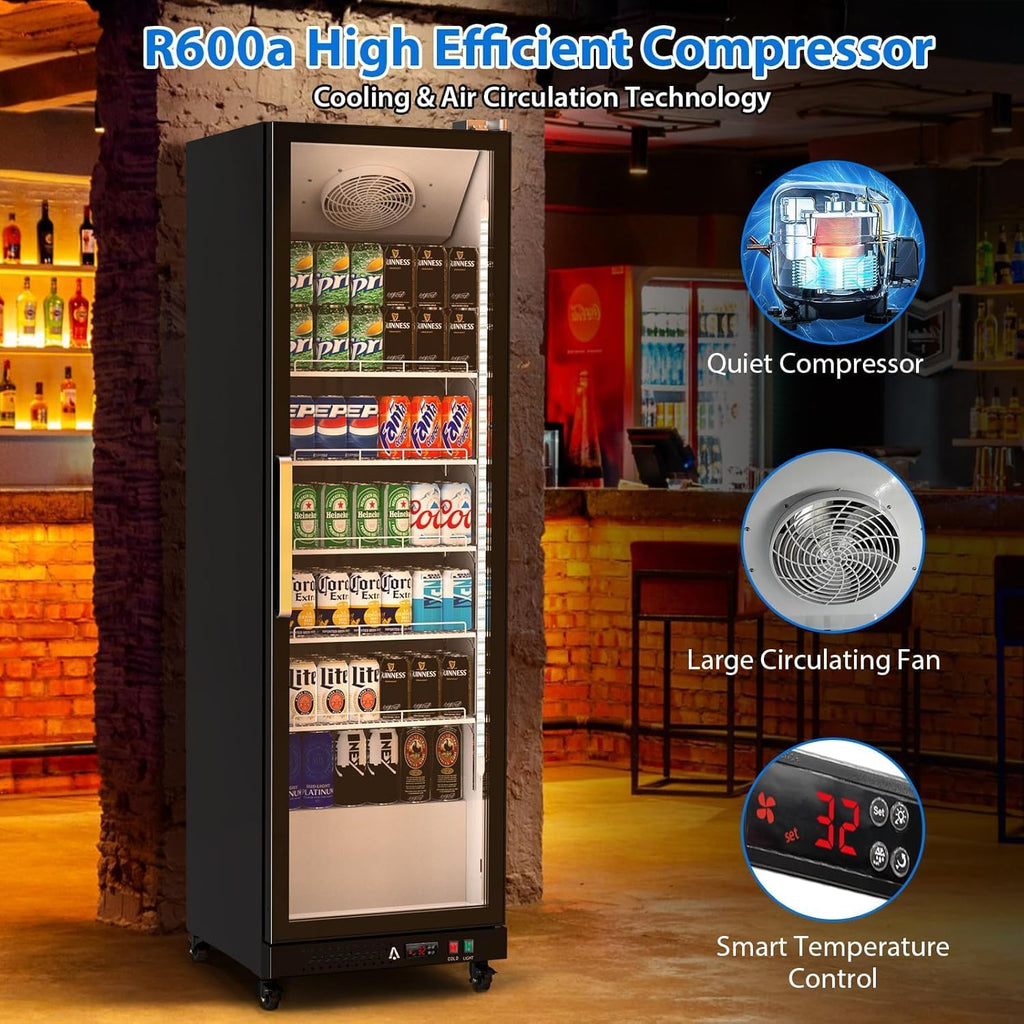 PeakPursuit Commercial Display Refrigerator, 12.4 Cu.Ft. Beverage Refrigerator Glass Door Beverage Cooler, Upright Merchandiser Cooler Display Fridge With LED Light and Adjustable Shelves