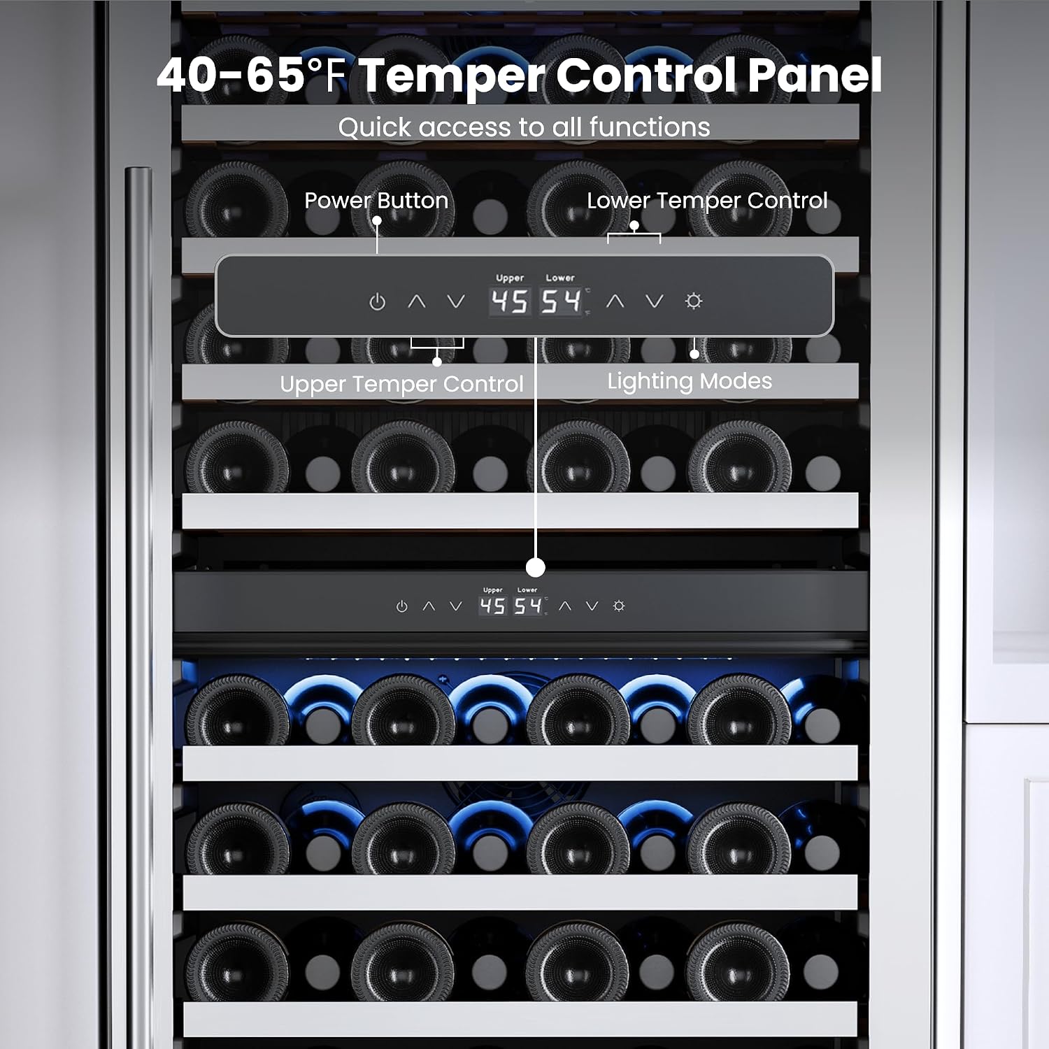 Yeego 24 Inch Wine Fridge, 40°F-65°F Dual Zone Wine Cooler Refrigerator, 304 Stainless Steel Glass Door Lock, Temp Memory Blue & White LED Built-in Fridge with Adjustable Shelves (89 Bottle)