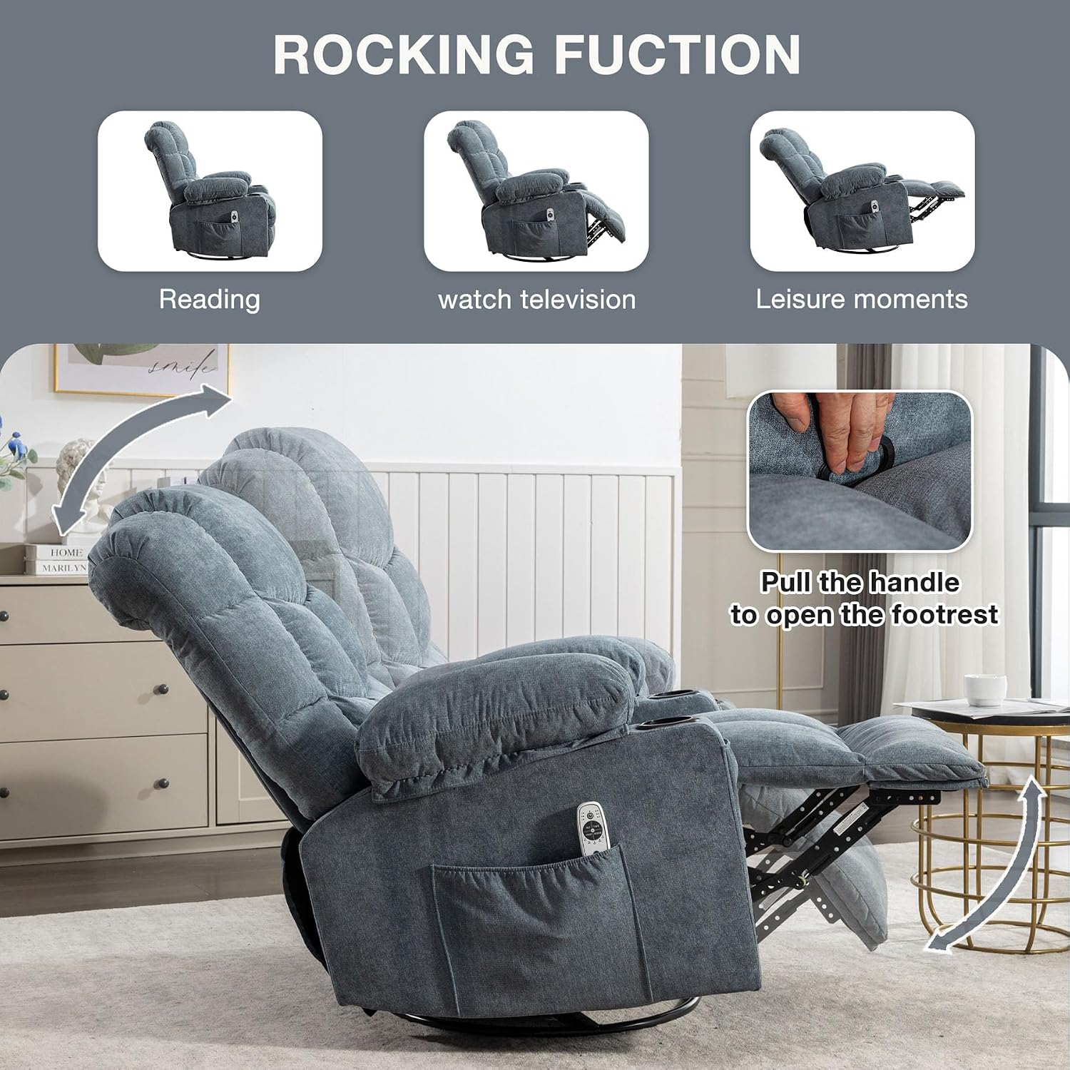 Massage Chair Recliner with Heat&USB,Comfotable Lazy Boy Recliner Chair with Cup Holder&2 Side Pockets,Manual Recliner Chair for Adults,Bread-Shaped,Heavy Duty,Fabric (Blue2)