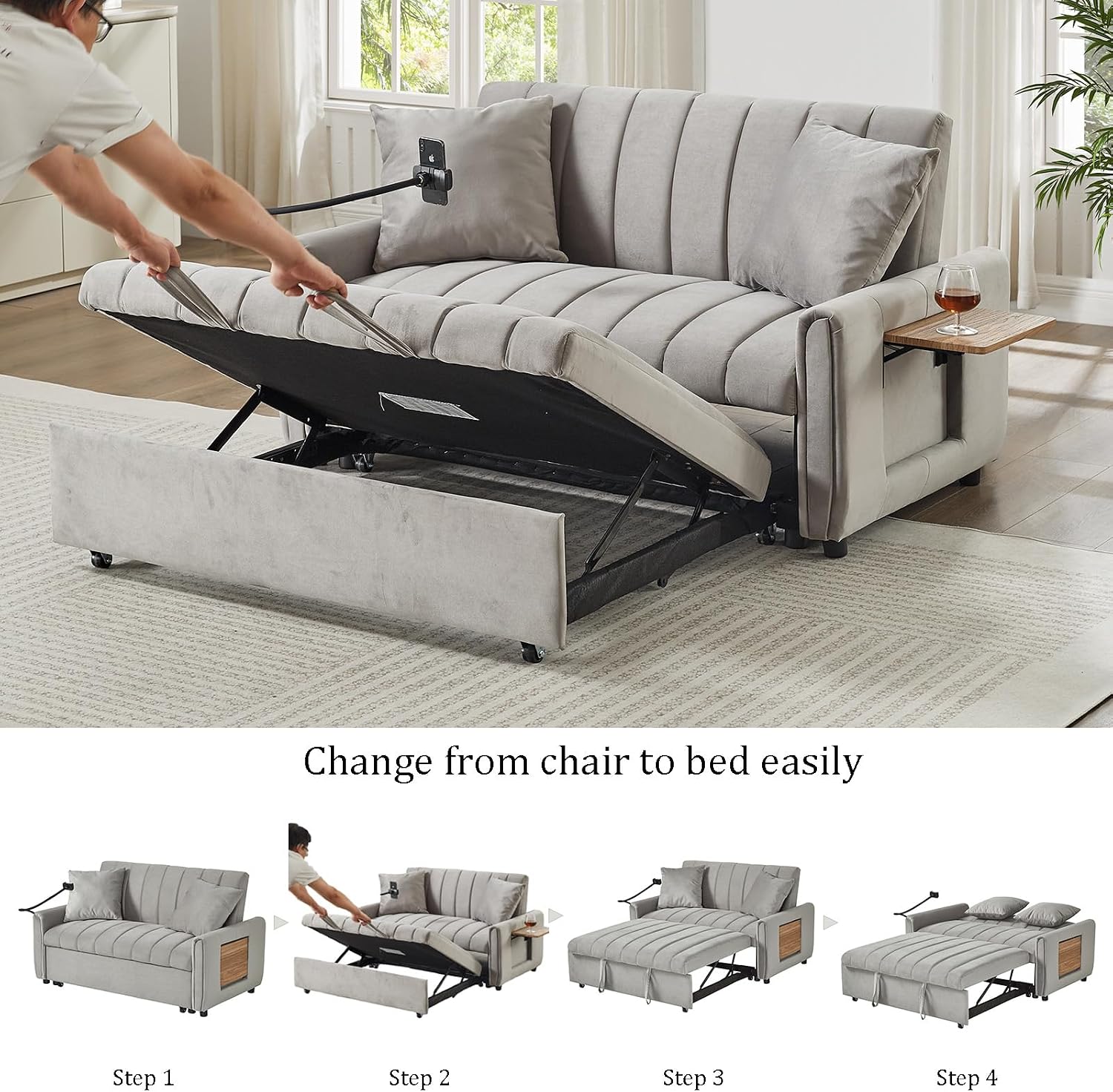 Convertible Sofa Bed, Pull Out Couch with 3-Position Reclining Backrest, Modern Velvet Upholstery Futon Sofa Bed, Loveseat Couch for Living Room, Apartments & Guest Rooms (Grey-2)