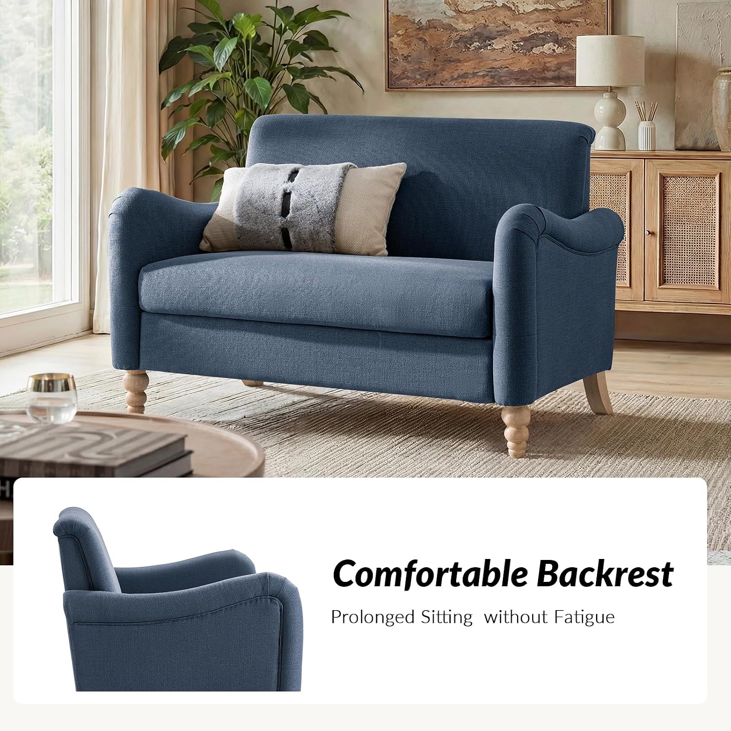 HULALA HOME 50.5' Loveseat Sofa with Stripe Pattern, 2 Seater Farmhouse Sofa with Rolled Wide Armrests and Rubber Wood Legs, Comfy Upholstered Small Couch for Living Room Bedroom, Navy