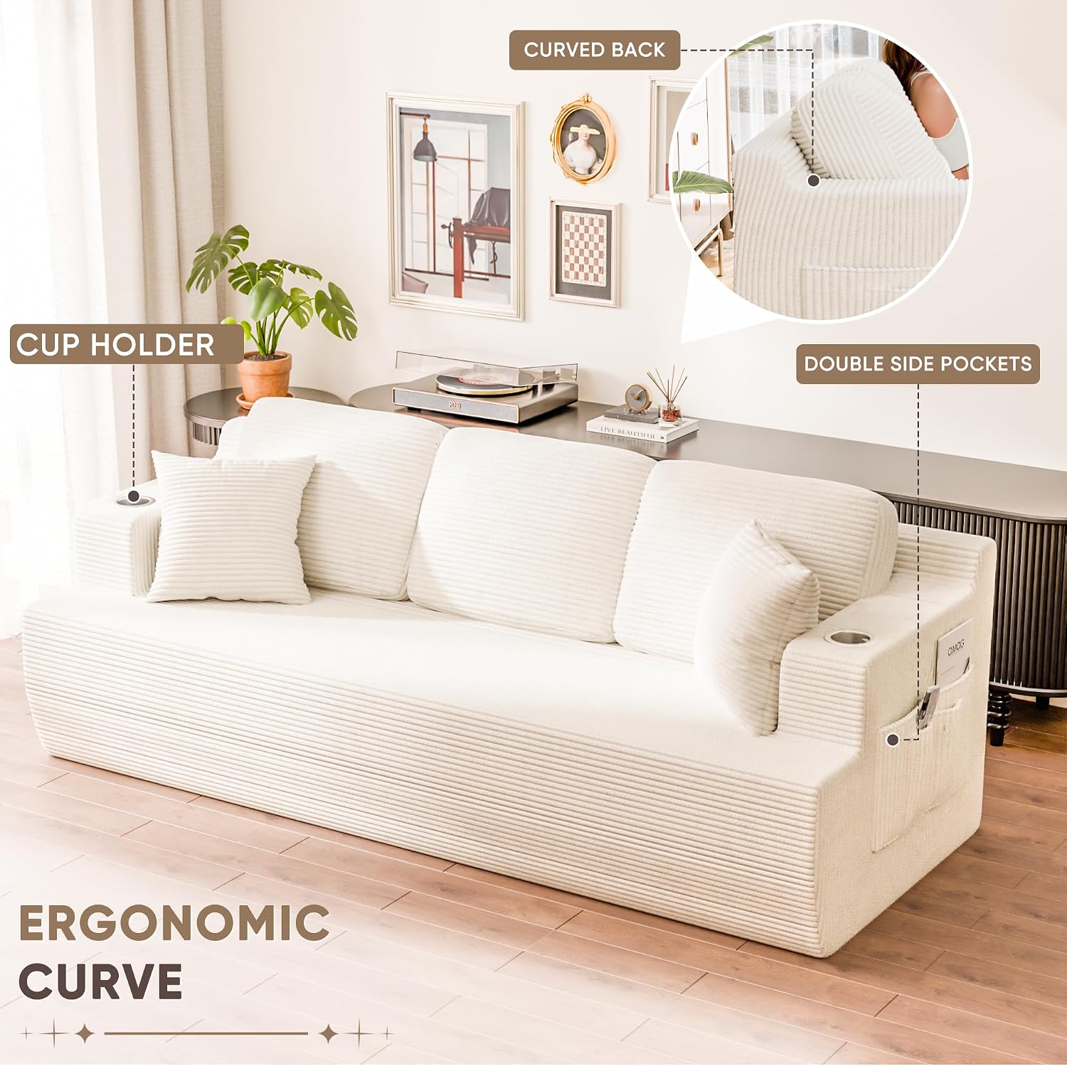 Homall 87' Boneless Sofa Couch with 2 Pillows Extra Deep Seats, Corduroy Fabric 3 Seater with Cup Holder & Storage Pocket Upholstered Floor Easy Installation (White, 3 Seater)
