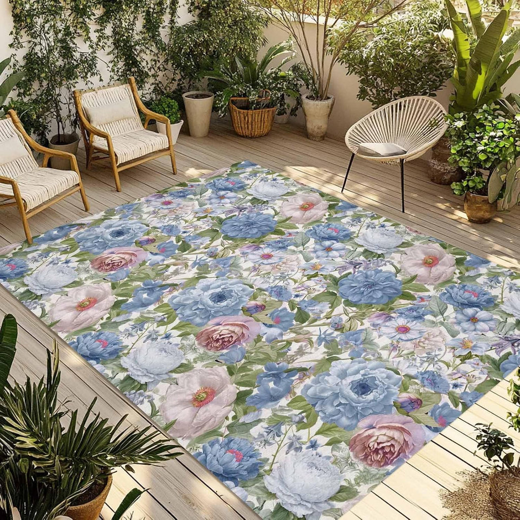 Blue Pink Spring Floral Outdoor Rug for Patio/Deck/Porch, Non-Slip Large Area Rug 5 x 8 Ft, Vintage Summer Botanical Indoor Outdoor Rugs Washable Area Rugs, Reversible Camping Rug Carpet Runner