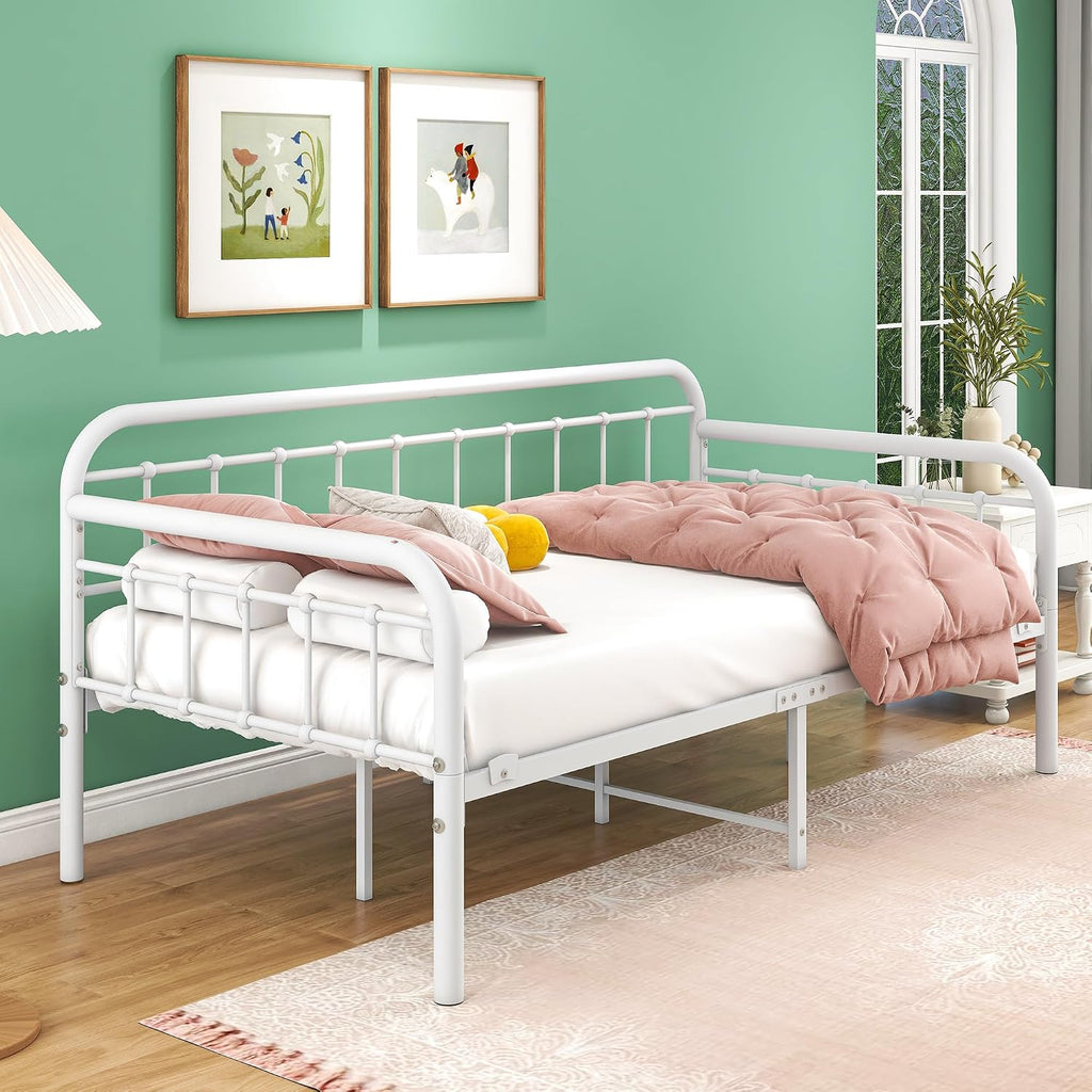 HOMERECOMMEND Multi-Purpose Metal Daybed Frame Heavy Duty Metal Slats Sofa Bed Platform Mattress Foundation Economic Day Bed White Color Twin Size.