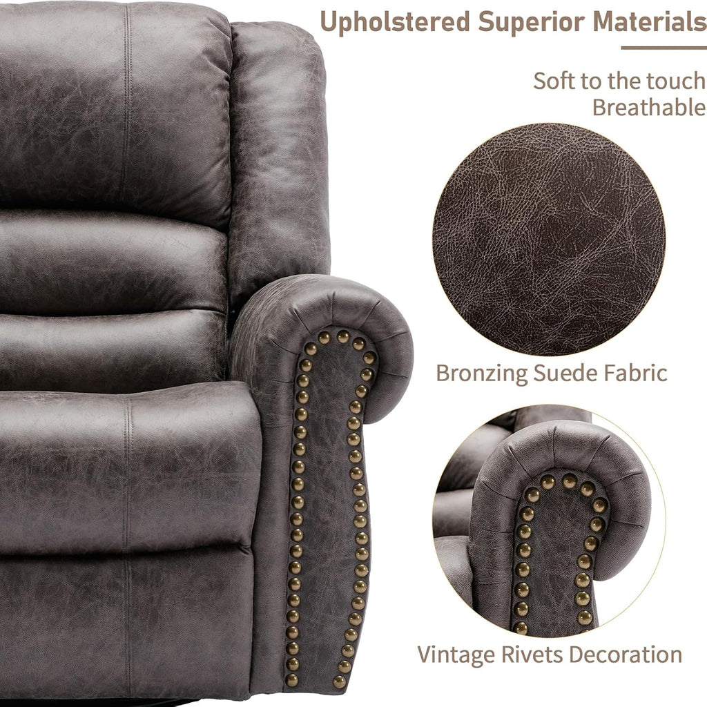 Manual Massage Swivel Rocker Recliner with Heat and Vibration, 360° Swivel Glider Rocking Recliner Chair, Classic Living Room Lounge Recliners with Side Pockets & USB Ports, Grey
