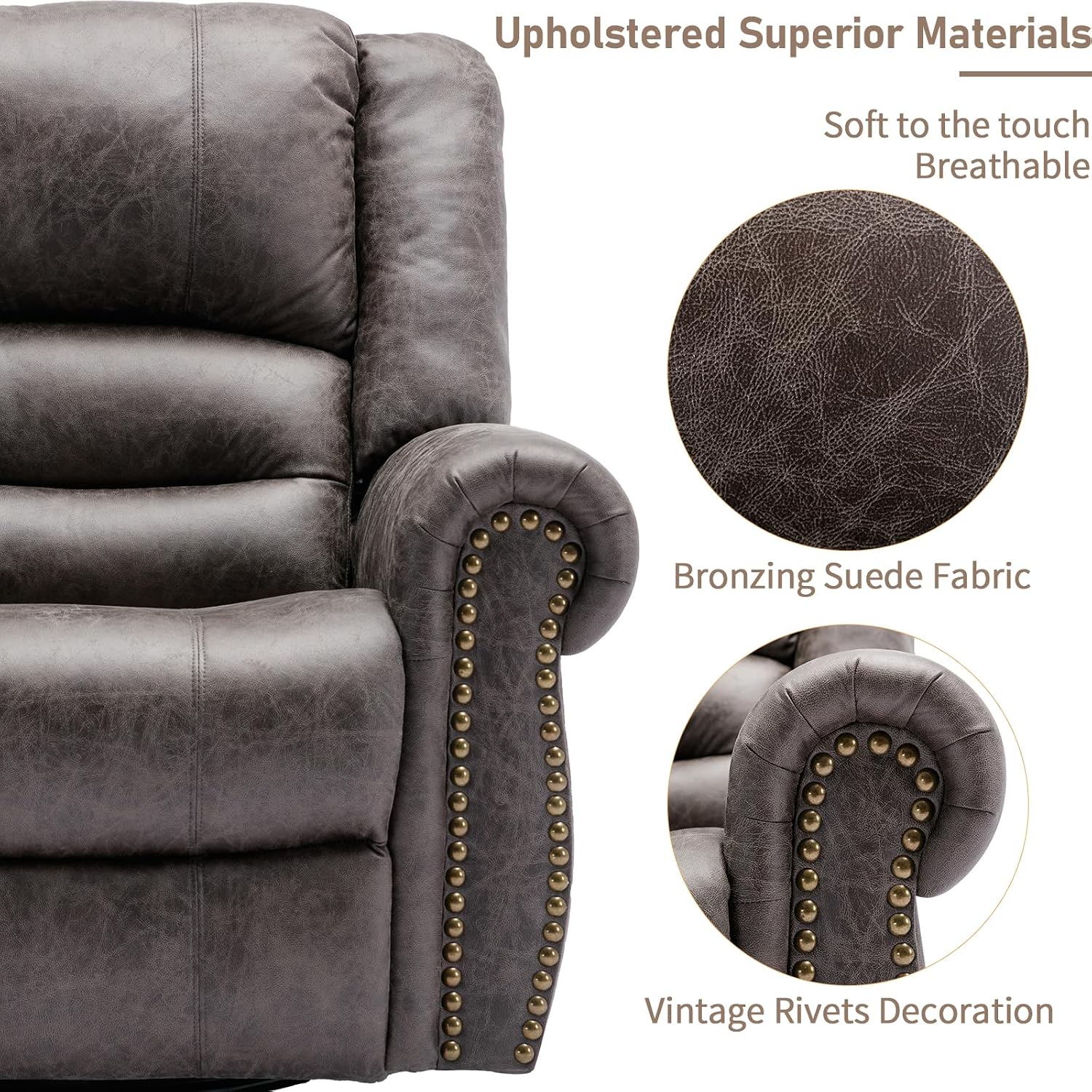 Manual Massage Swivel Rocker Recliner with Heat and Vibration, 360° Swivel Glider Rocking Recliner Chair, Classic Living Room Lounge Recliners with Side Pockets & USB Ports, Grey