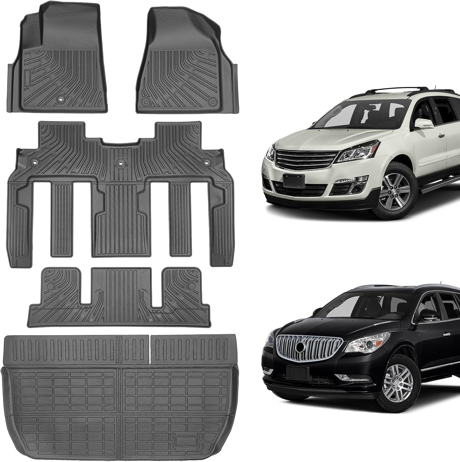 Floor Mats & Cargo Liner for Chevy Traverse 2009-2017 & Buick Enclave 2008-2017, Custom Fit All Weather TPE Floor Liners for Traverse & Enclave 7 Seats Accessories 3 Rows and Cargo Liner Set