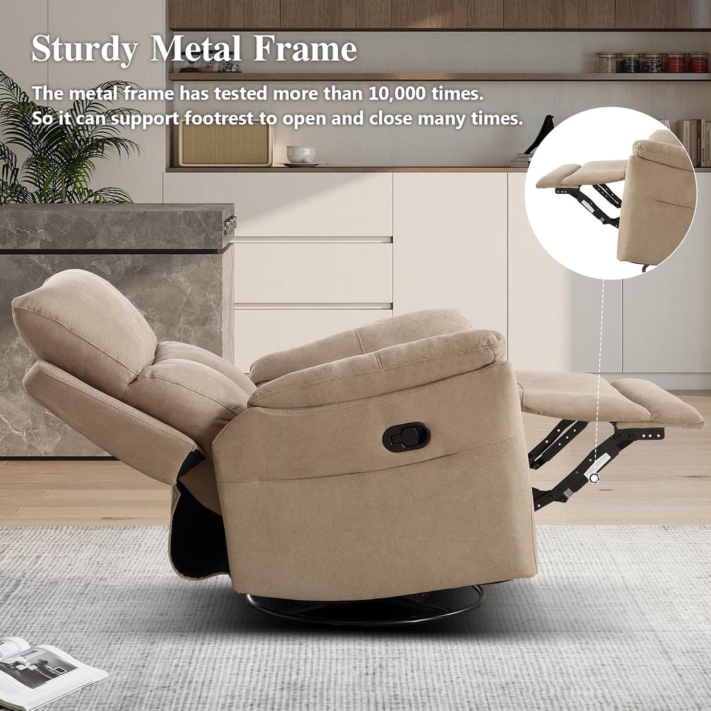 CANMOV Swivel Rocker Recliner, Manual Recliner with Overstuffed Cushion, Nursing Chairs for Living Room, Swivel Glider Recliners with Soft Backrest, Brown