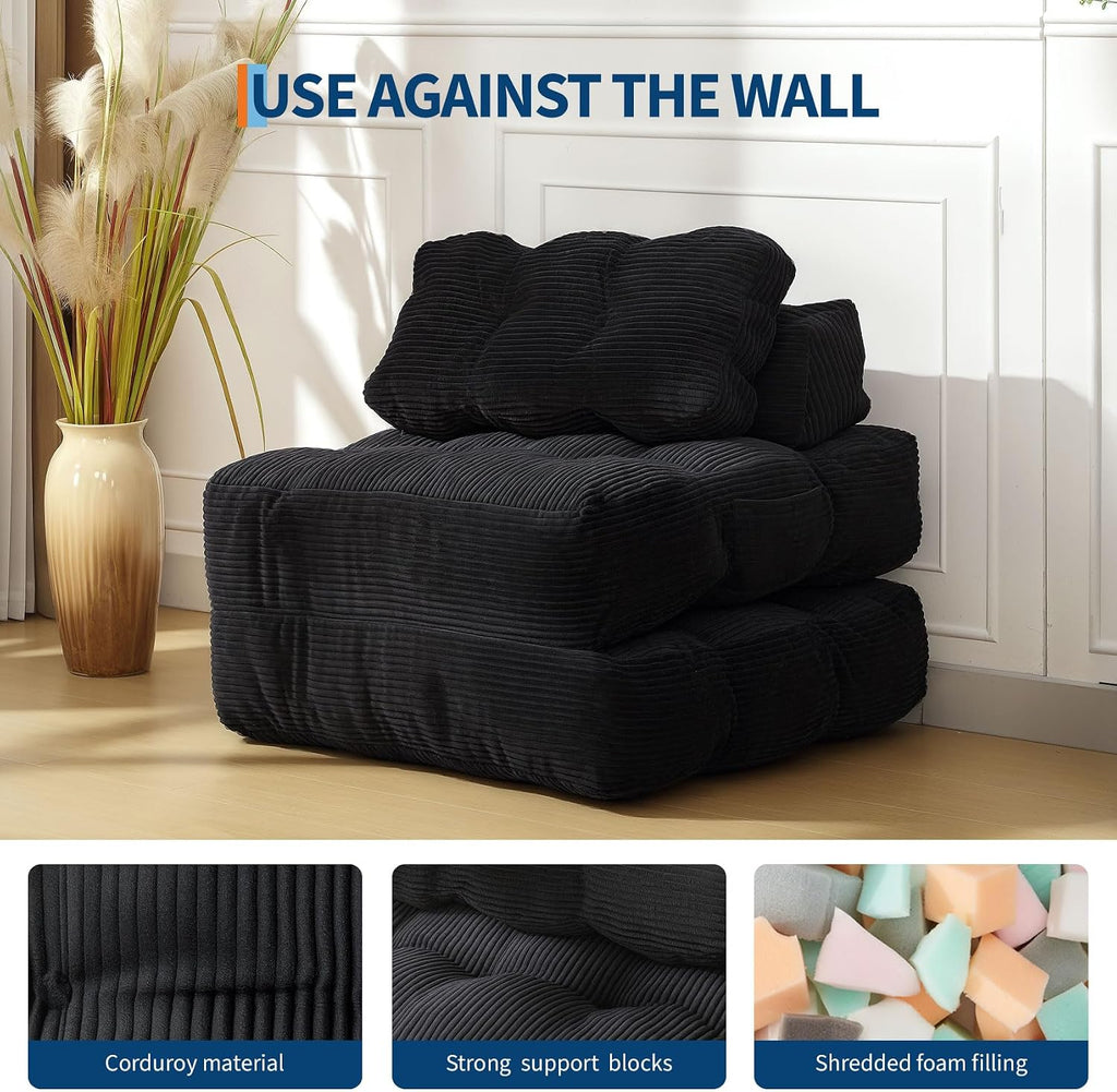 Garvee Folding Sofa Bed, Convertible Sleeper Chair with Pillow Foldable Mattress with Back Support, Boneless Fold Out Chair Bed Comfy Floor Sofa Lounge for Living Room, Bedroom, Black, Single