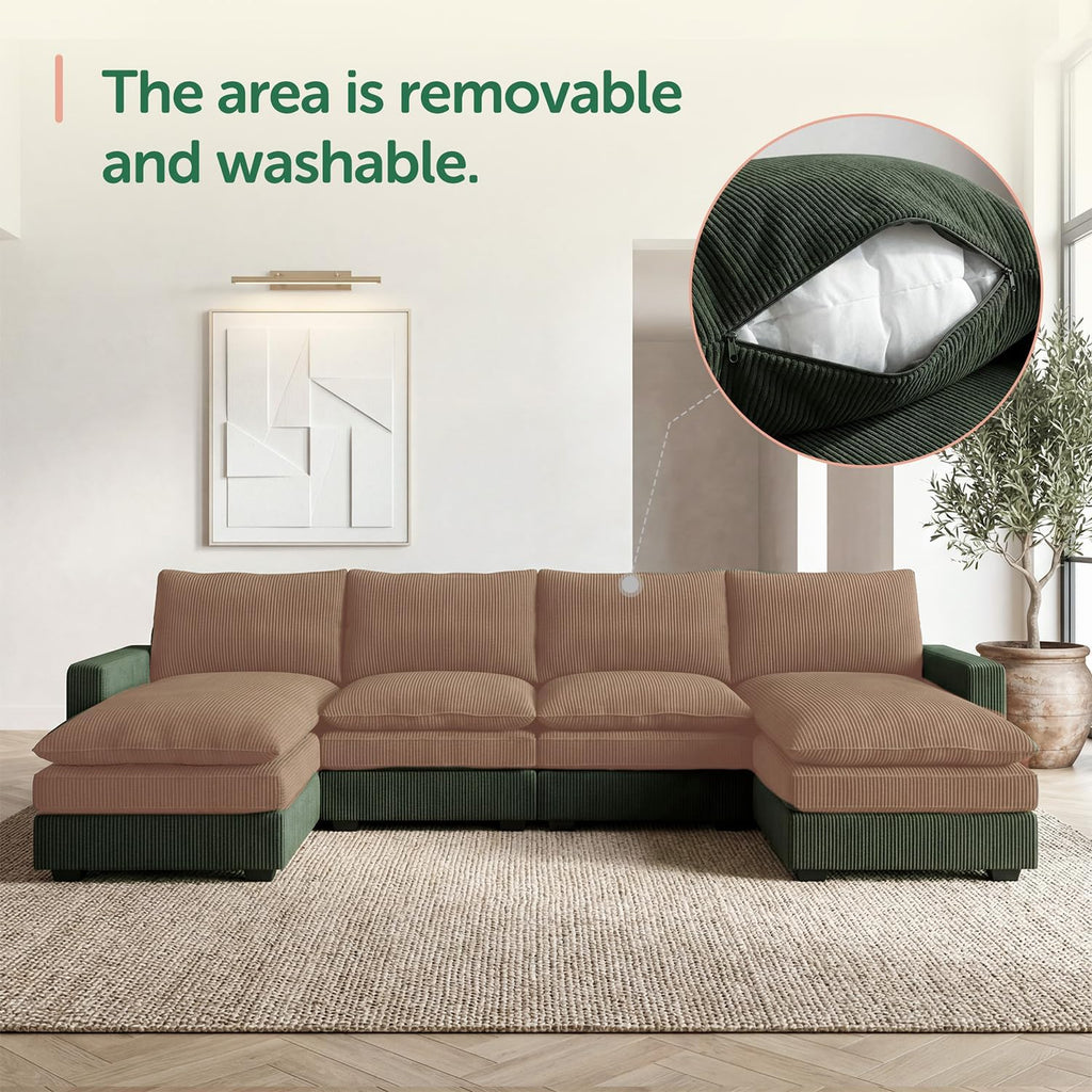 HONBAY 127.2 Inch Corduroy Cloud Modular Sectional Sofa with Chaise, Deep Seat U-Shaped Couch with Storage for Living Room, Apartment, Small Space,Green