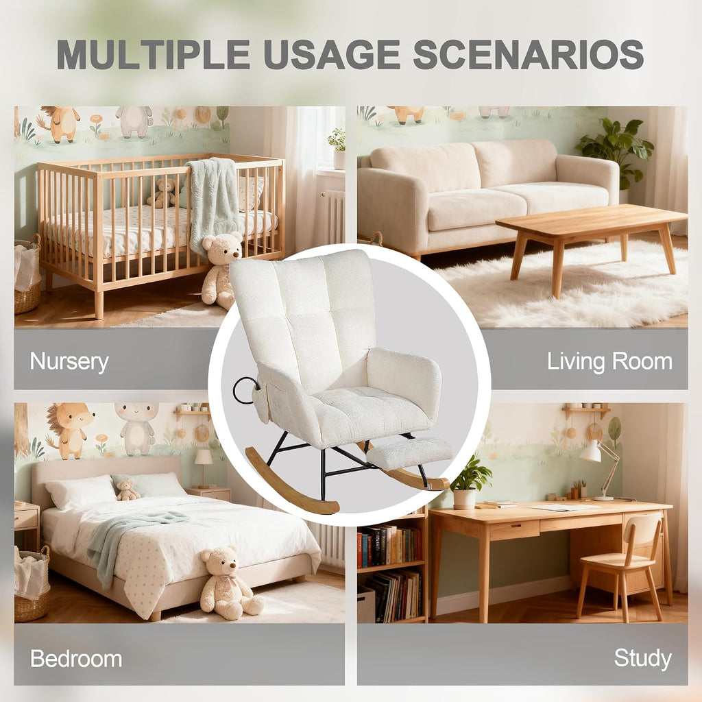 Rocking Chair Nursery with Airbag, Comfy Modern Nursery Rocking Reading Chair Indoor with Footrest, Cozy Upholstered Glider Rocker Chairs for Living Room Bedroom Offices(Chenille, White)