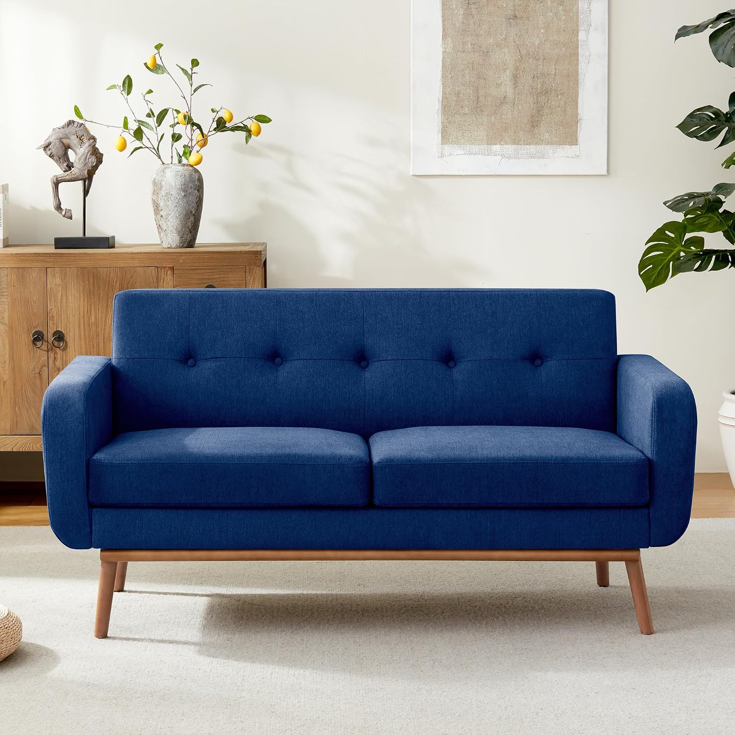 HUIMO Sofa Couch, Mid Century Modern Sofa with Solid Wood Frame, Button Tufted Couch for Bedroom, Living Room, Office, Apartment (Dark Blue, 60 inch)