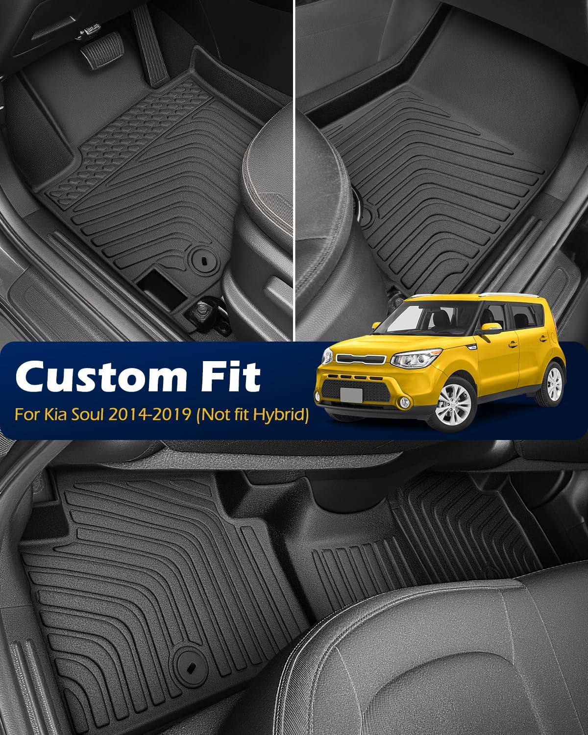Floor Mats for Kia Soul 2014-2019: 4 PCS All Weather Cargo Liner Custom Fit for Soul (Not for Hybrid) 2014 2015 2016 2017 2018 2019, TPE Rubber Carpet Trunk Rugs Interior Protection Accessories
