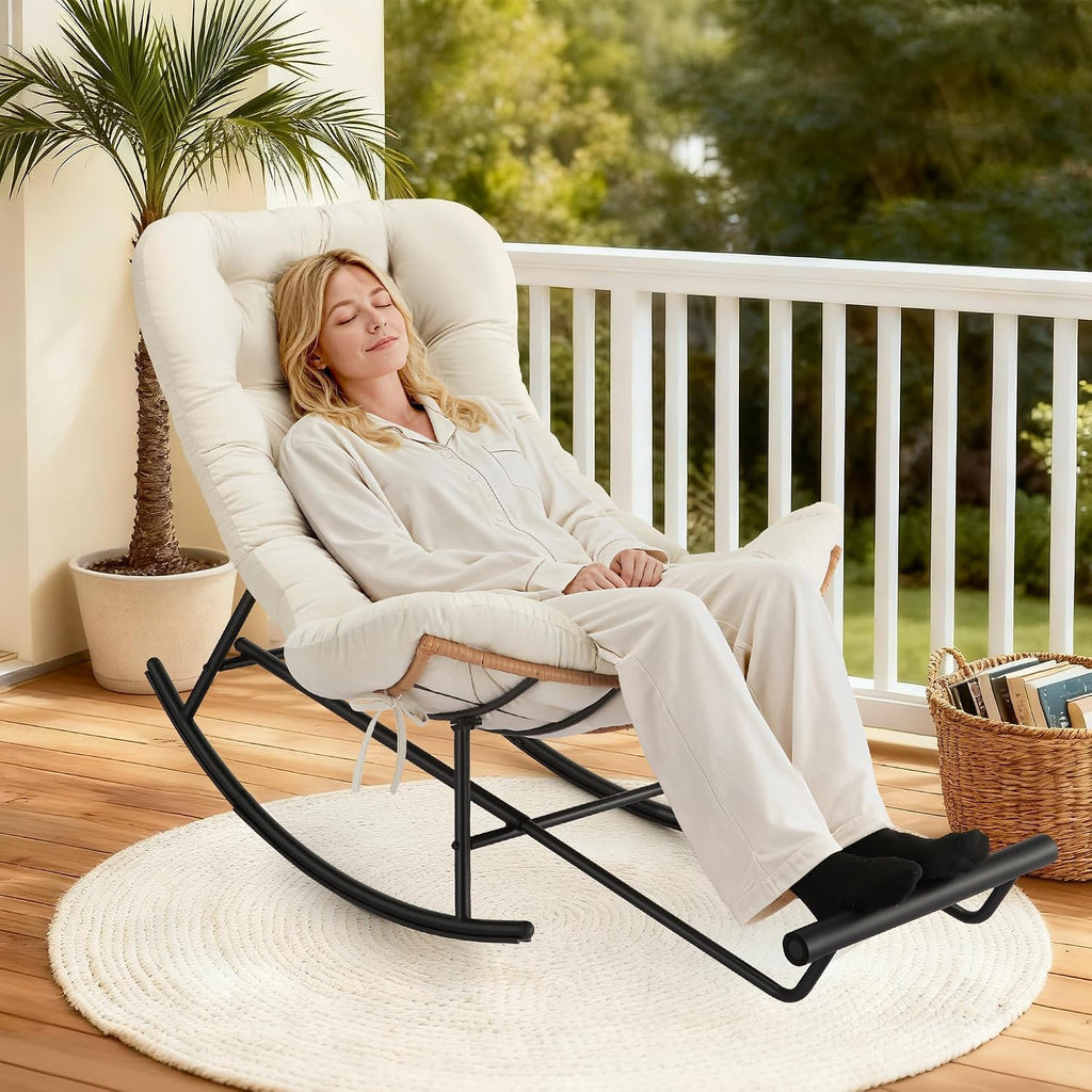 Takywep Rocking Chair - Oversized Outdoor Rocking Chairs with Footrest, Indoor Papasan Rocker Egg Chair for Bedroom, Living Room, Porch, Garden, Lawn (Beige-Flannel)