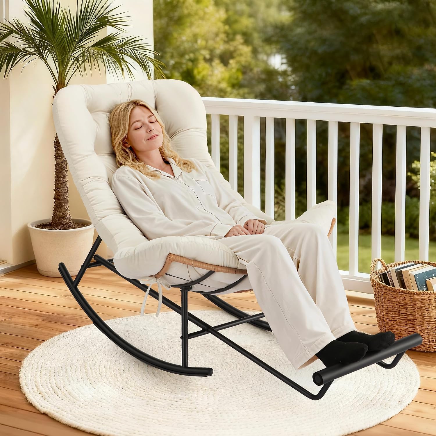 Takywep Rocking Chair - Oversized Outdoor Rocking Chairs with Footrest, Indoor Papasan Rocker Egg Chair for Bedroom, Living Room, Porch, Garden, Lawn (Beige-Flannel)