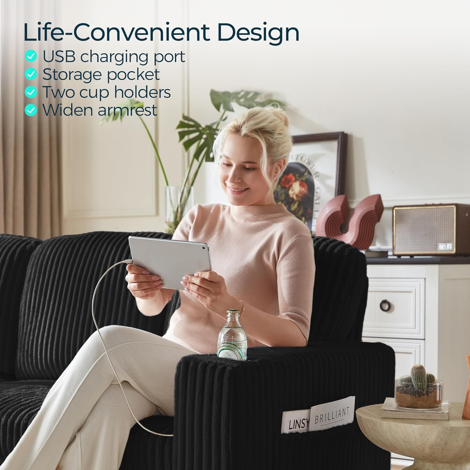 LINSY HOME Sectional Sleeper Sofa Pull Out Couches for Living Room (Black, Sleeper Sofa 2) | Pull Out Sofa Bed, Storage, USB Charging, Cup Holders, Plush Corduroy | Pull Out Sofa Bed, Storage, USB Charging, Cup Holders, Plush Corduroy