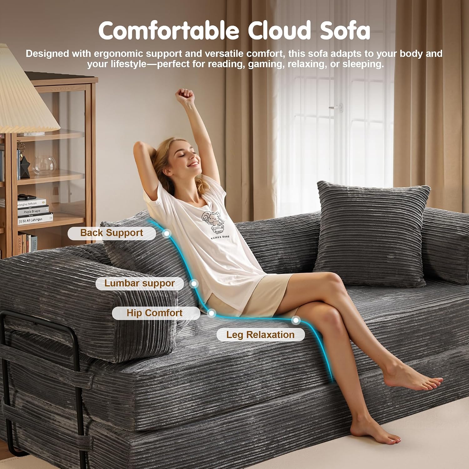 81″ Convertible Sleeper Sofa Bed with Pillows, Corduroy Foldable Mattress Couch with Fixed-Shape Frame, Futon Sofa Bed, Boneless Couch for Living Room Bedroom Lounge Studio, Gray