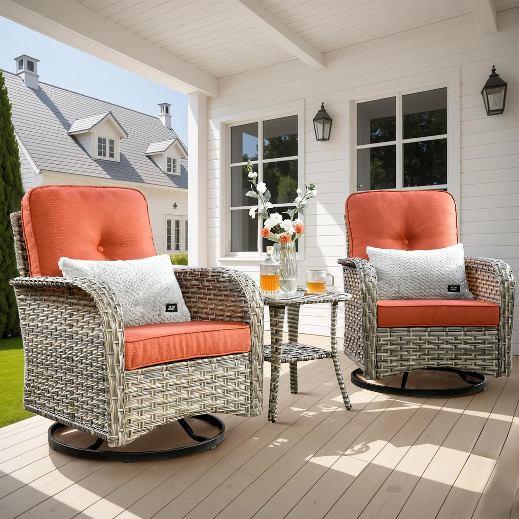 ovios Outdoor Swivel Rocking Chair Set of 3 with Coffee Table, Patio Wicker Rocker with Comfortable Thicken Deep Seating, Comfy Rattan Glider Chairs for Porch Deck Balcony Garden Backyard, Red
