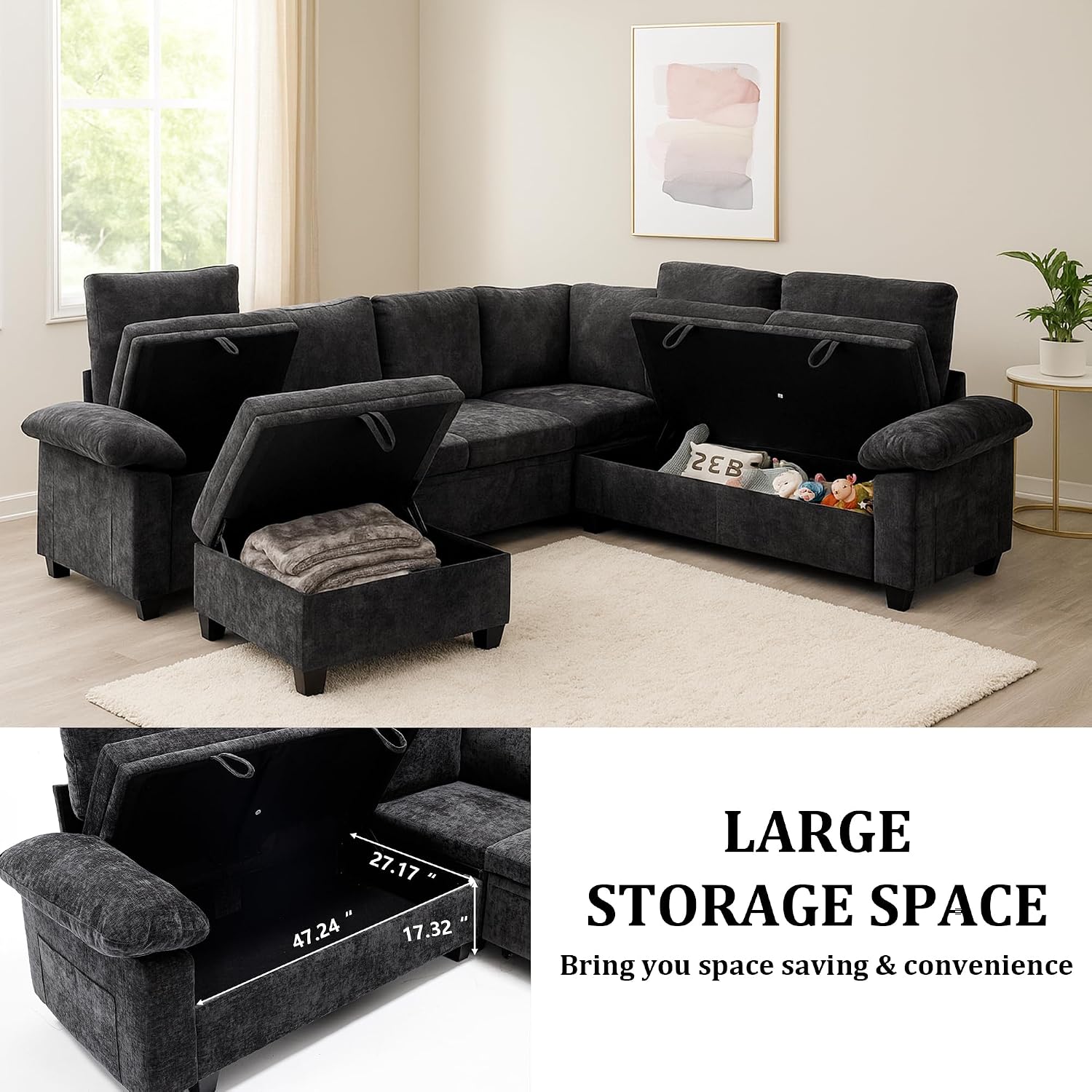 86 Inch Sectional Sleeper L Shaped Sofa with Pull Out Bed, Modular Sectional Sofa with Storage, Modern Chenille Cloud Couch, Sectional Couches for Living Room, Black