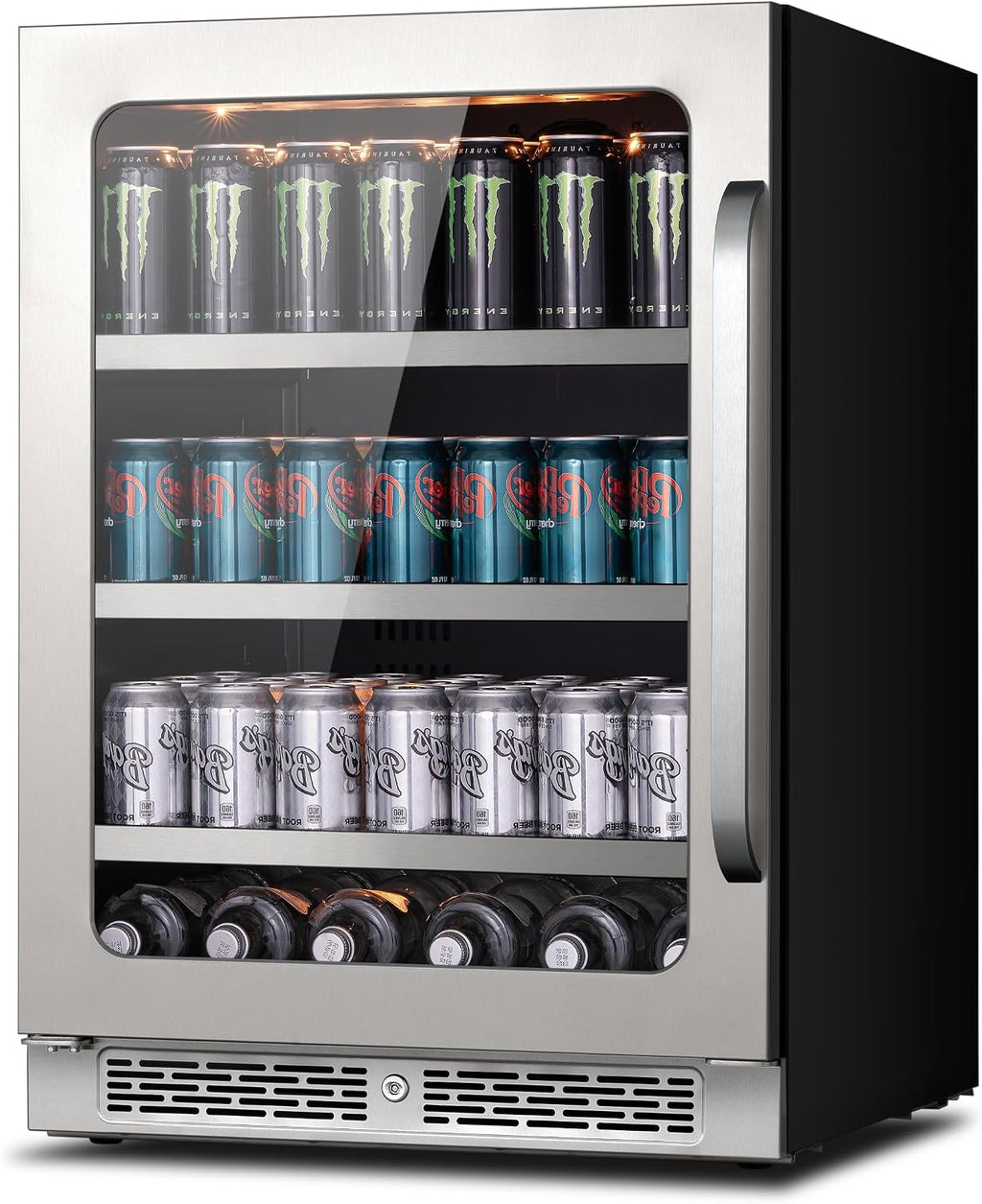 24 Inch Beverage Refrigerator 140 Cans Beverage Fridge, Drink Fridge with Glass Door 3 LED 34-54 ℉ Beverage Coolers Built-in or Freestanding Adjustable Shelves for Home/Kitchen(5.65 cu.ft)
