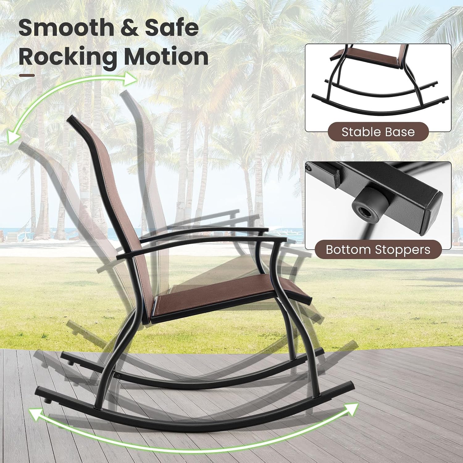 Tangkula Patio Rocking Chairs Set of 2, Outdoor Rocking Chair with Smooth & Safe Rocking Motion, Ergonomic Backrest, Breathable Fabric, All-Weather Outdoor Rocker for Backyard, Poolside (1, Brown)