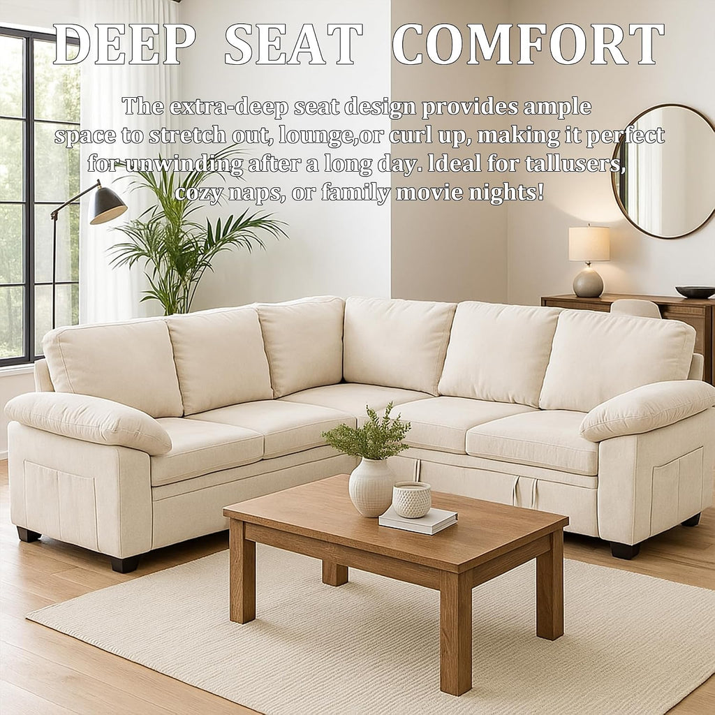 86 Inch Sectional Sleeper L Shaped Sofa with Pull Out Bed, Modular Sectional Sofa with Storage, Modern Chenille Cloud Couch, Sectional Couches for Living Room, Beige