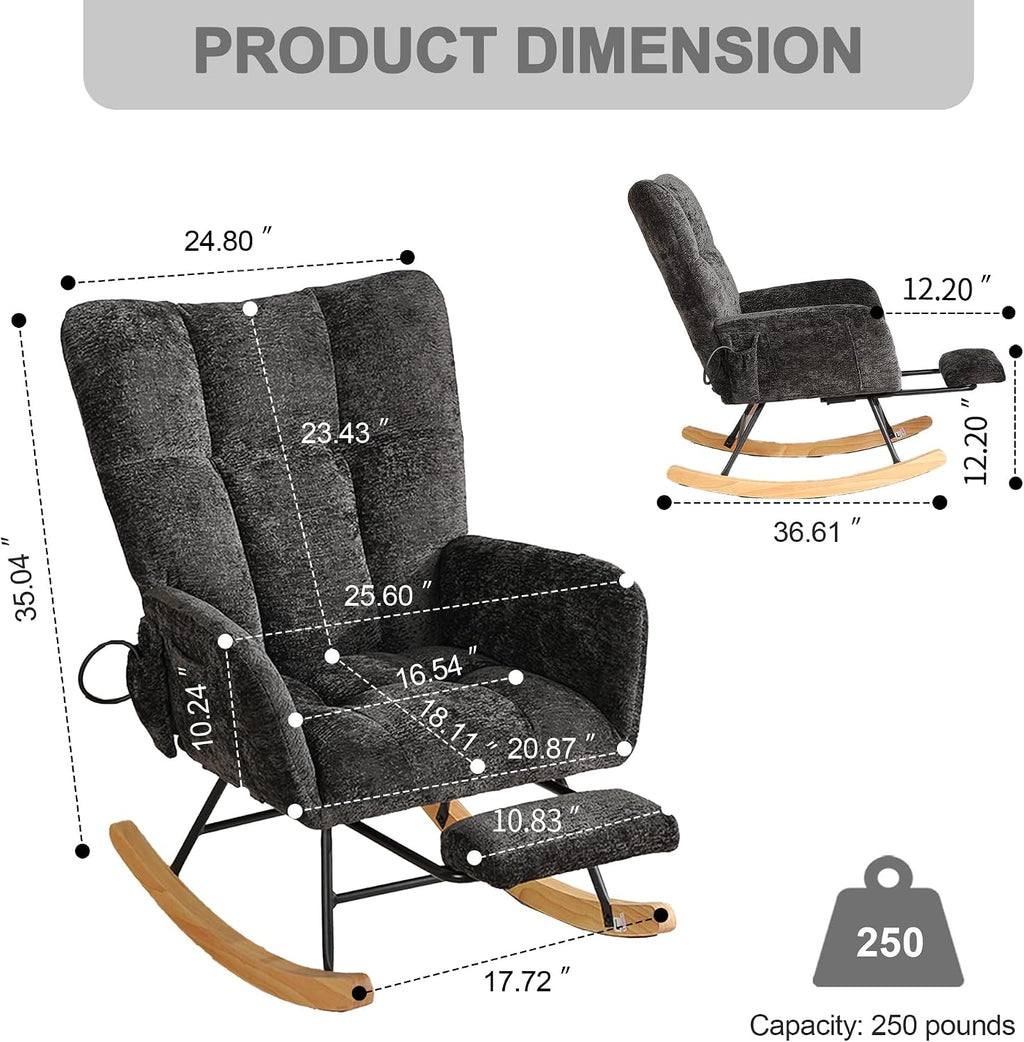 Rocking Chair Nursery with Airbag, Comfy Modern Nursery Rocking Reading Chair Indoor with Footrest, Cozy Upholstered Glider Rocker Chairs for Living Room Bedroom Offices(Chenille, Black)