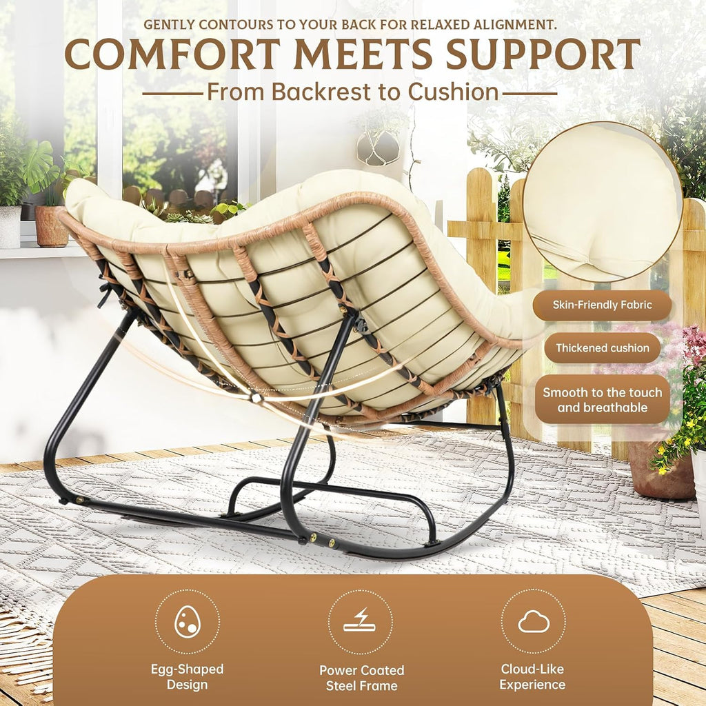 SUNCROWN Oversized Wicker Rocking Chair Indoor Outdoor, 450 LBS Heavy Duty Patio Papasan Egg Chair with Cushion, E-Coated Frame Lounge Rocker for Garden Balcony Porch Living Room (Beige)