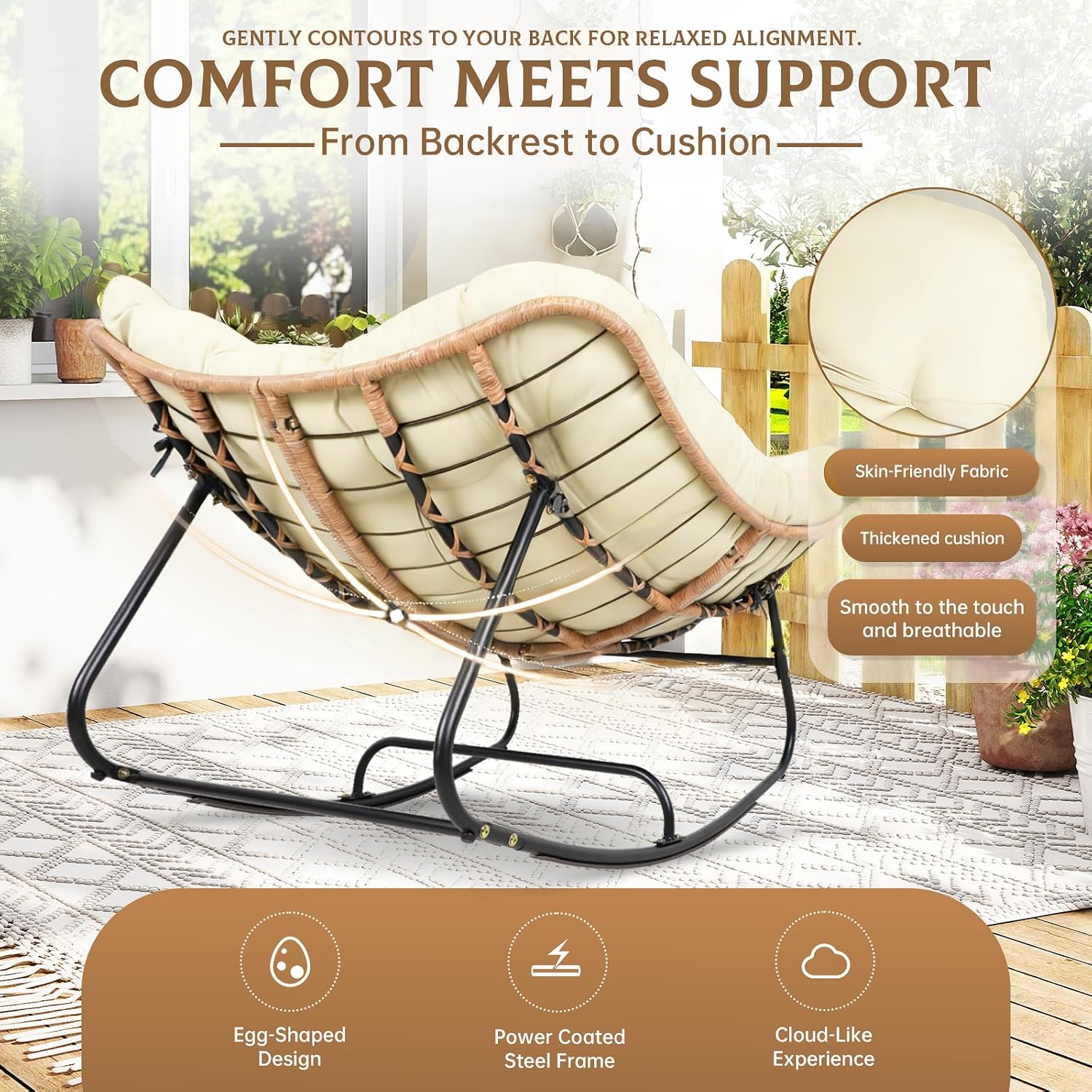 SUNCROWN Oversized Wicker Rocking Chair Indoor Outdoor, 450 LBS Heavy Duty Patio Papasan Egg Chair with Cushion, E-Coated Frame Lounge Rocker for Garden Balcony Porch Living Room (Beige)