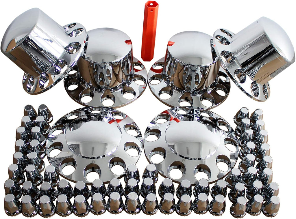 MRJLK Chrome ABS Complete Axle Cover Set with Standard Hub Caps and 33mm Screw-On Lug Nut Covers for Semi Trucks (2 Front and 4 Rear)