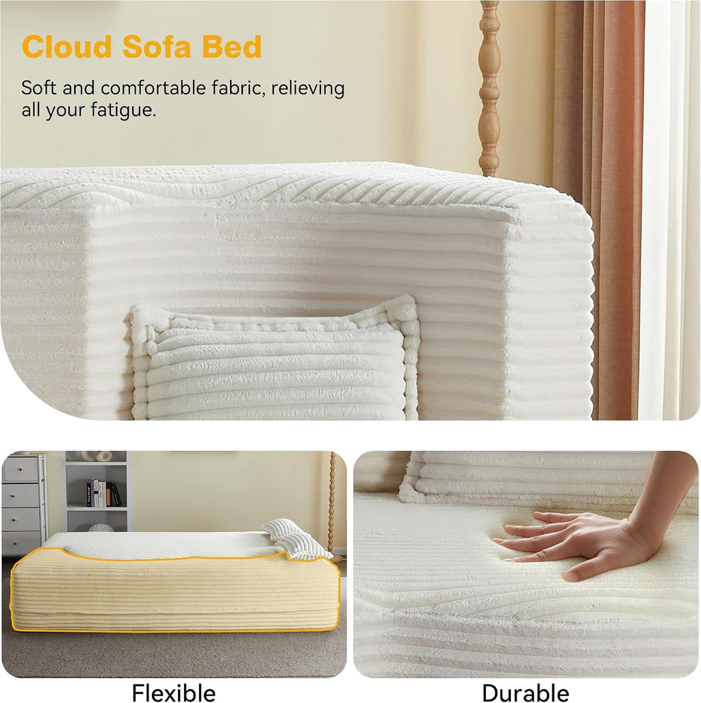 78' Full Size Convertible Futon Sofa Bed, Plush Corduroy Folding Sleeper Sofa Bed with Pillow, Foam Mattress Futon Loveseat Couch, No Assembly Floor Couches for Living Room, Playroom, Apartment, Beige