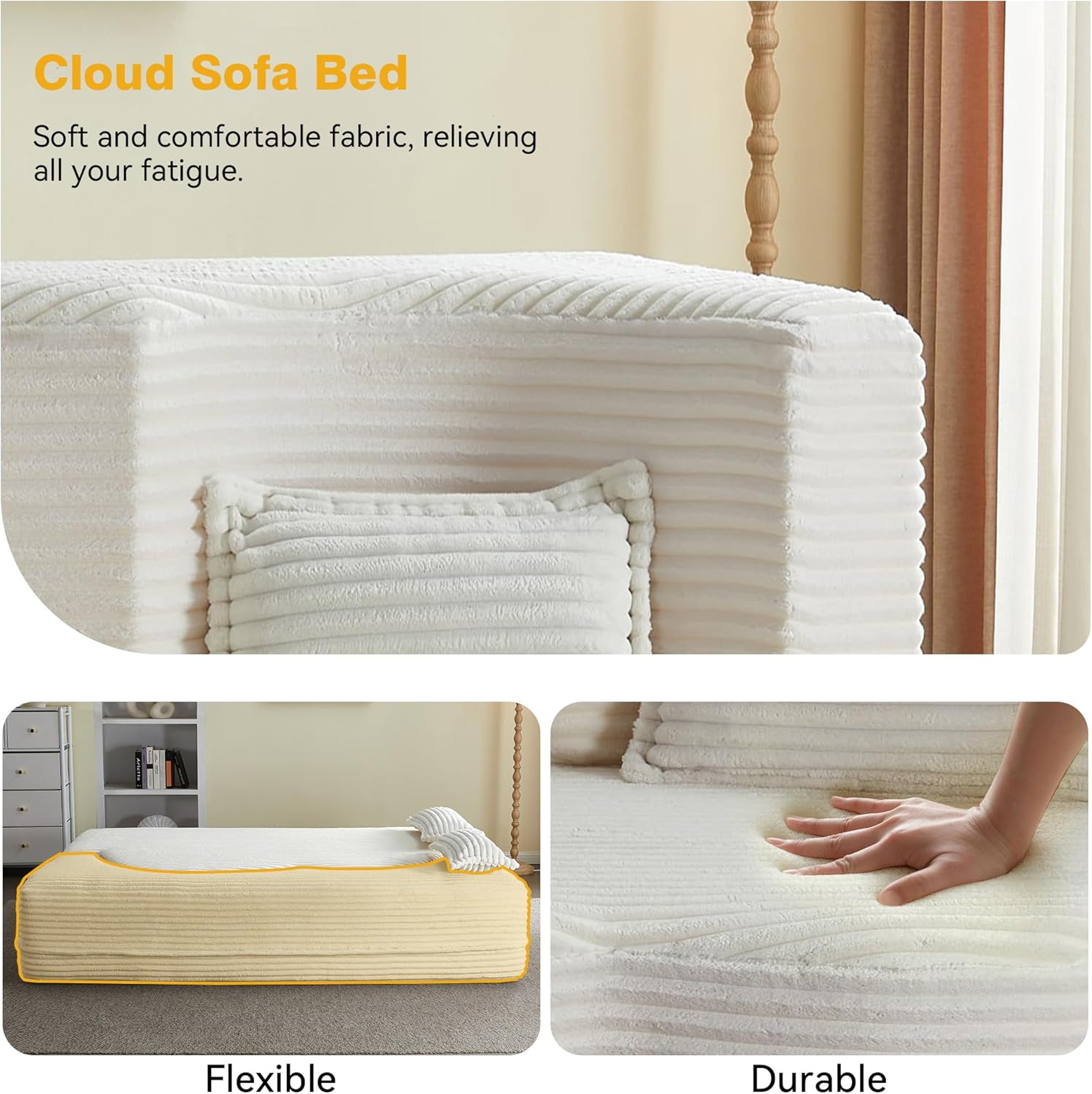 78' Twin Size Convertible Folding Sleeper Sofa Bed, Modern Corduroy Futon Sofa Bed with Pillow, Foam Mattress Loveseat Cloud Couch, No Assembly Floor Couches for Living Room, Playroom, Apartment Beige